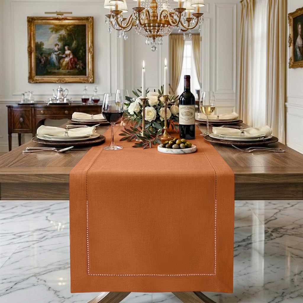 Signature Linen™ by D'Moksha White Table Runner 84 Inches Long, 100% Pure Linen, Hemstitch, 14 x 84 Inch Table Runner for Dresser, Dining- Summer, Father's & Independence Day