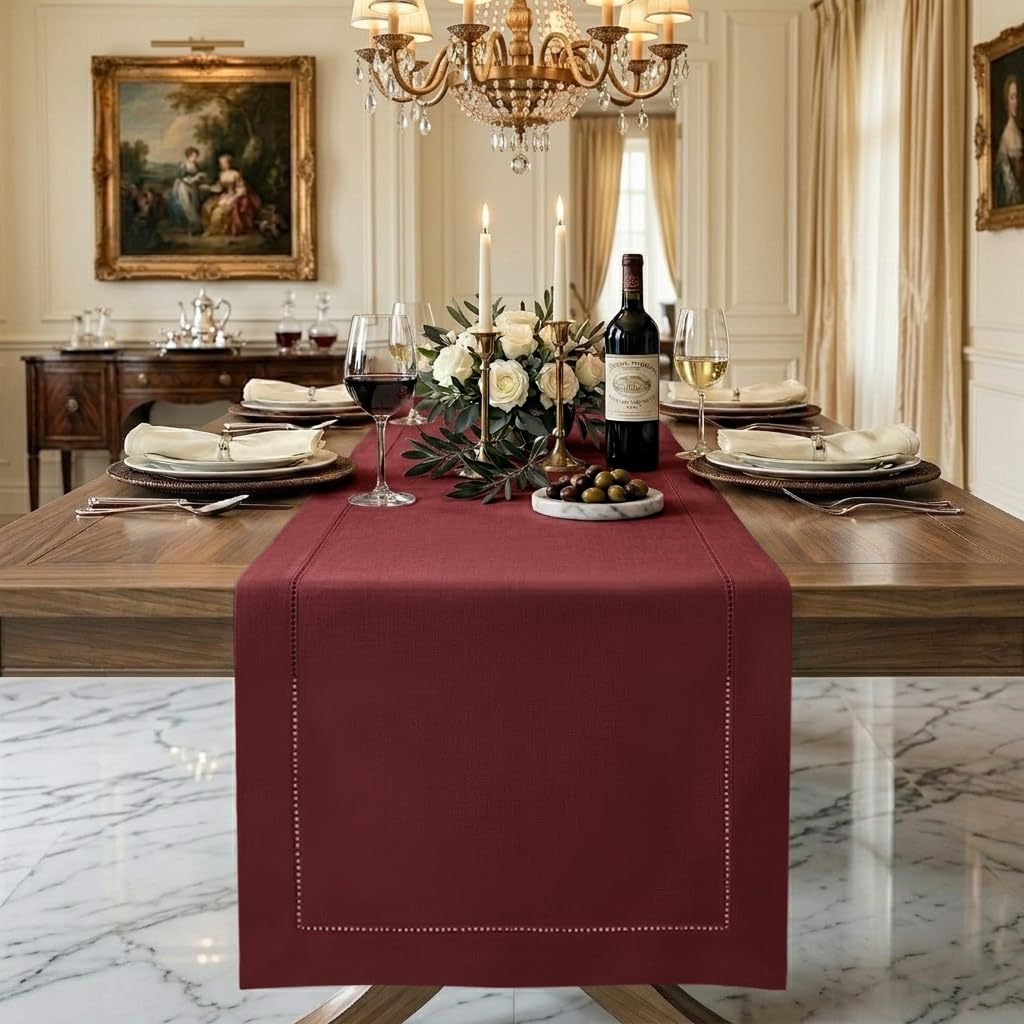 Signature Linen™ by D'Moksha White Table Runner 84 Inches Long, 100% Pure Linen, Hemstitch, 14 x 84 Inch Table Runner for Dresser, Dining- Summer, Father's & Independence Day