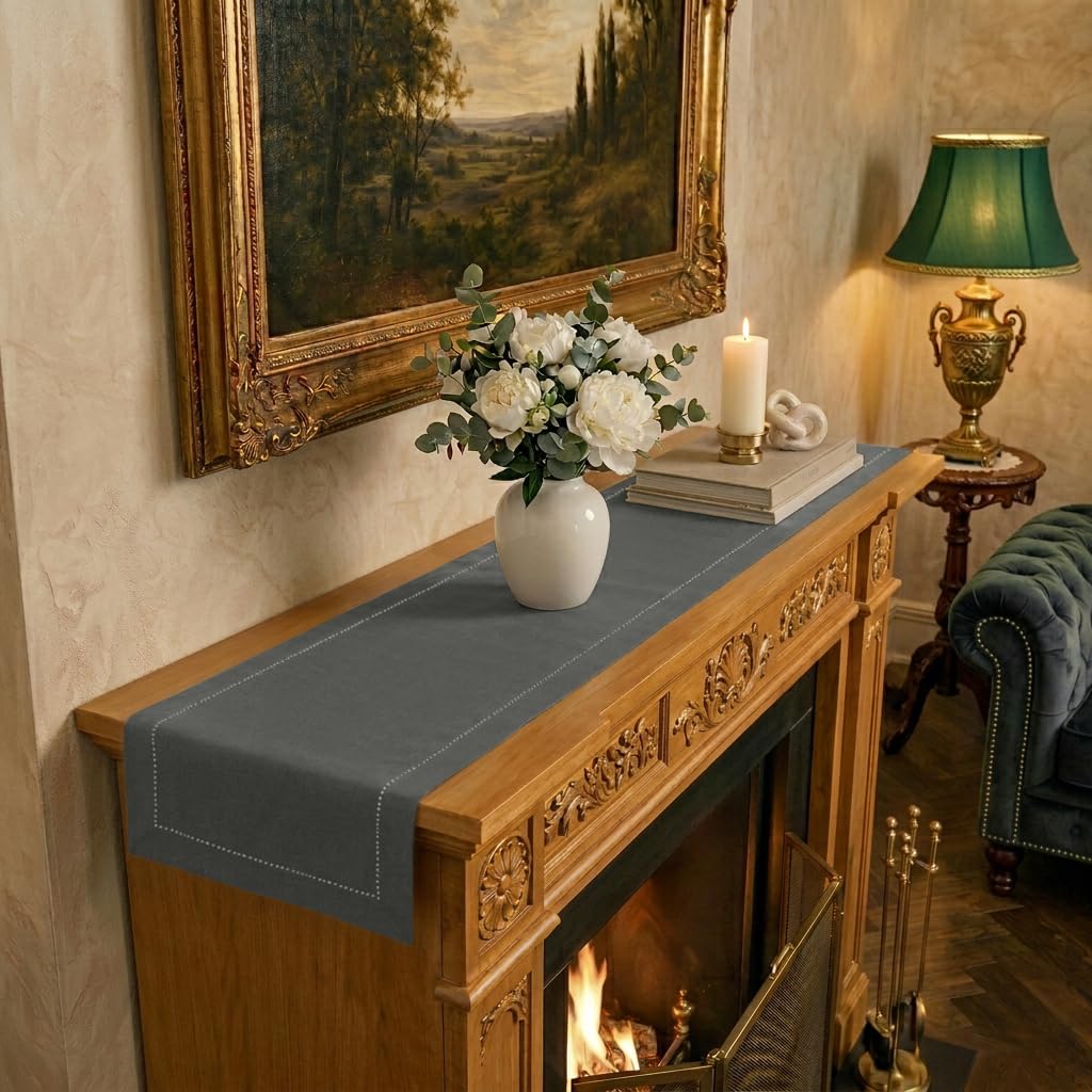 Signature Linen™ by D'Moksha White Table Runner 84 Inches Long, 100% Pure Linen, Hemstitch, 14 x 84 Inch Table Runner for Dresser, Dining- Summer, Father's & Independence Day