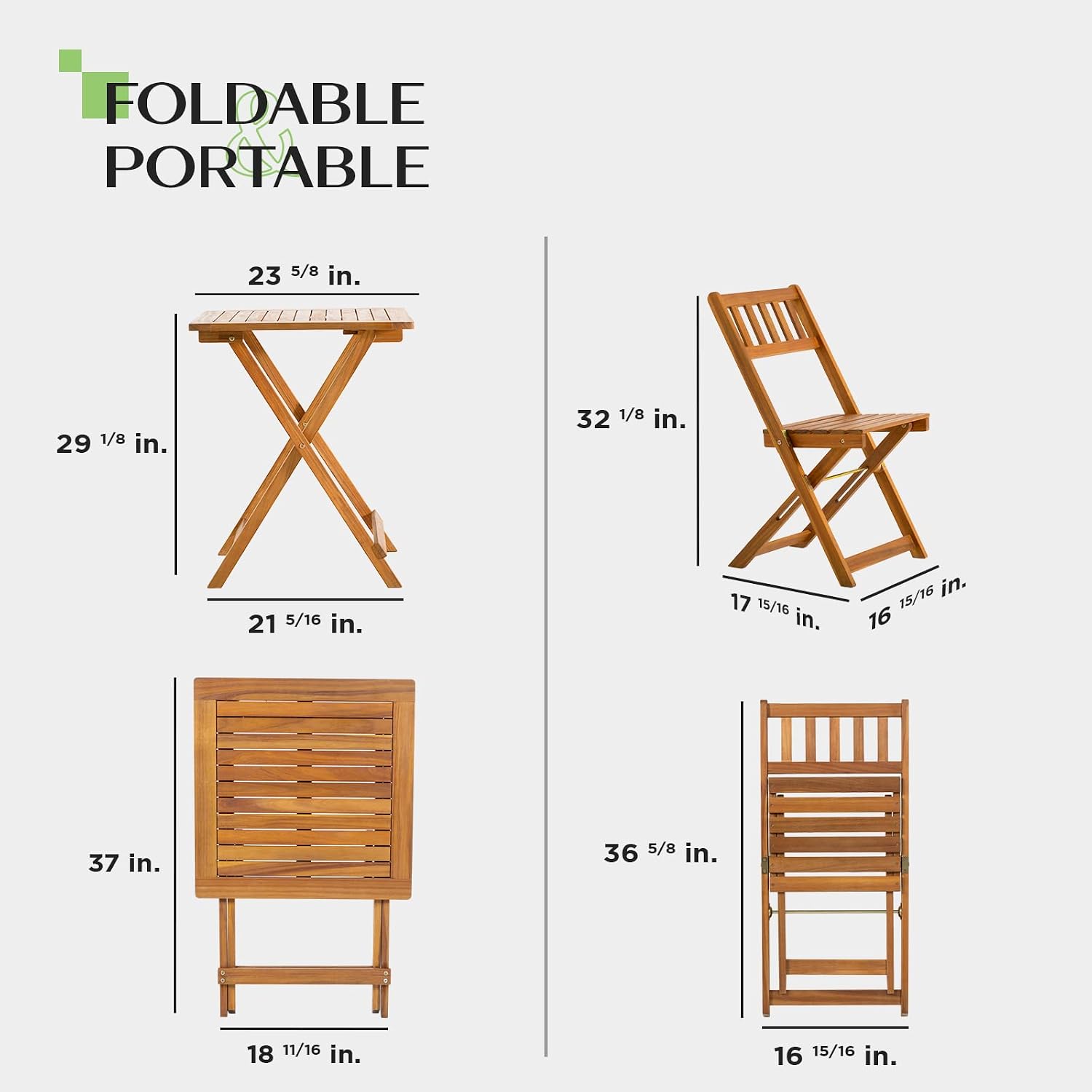 Idzo Heavy Duty 400lbs Capacity Patio Bistro Set 3 Piece Outdoor, Folding Chairs w/Cushion, Square Table, FSC-Certified Acacia Wood, Space-Saving Design for Balcony, Garden and Porch - Upgrade