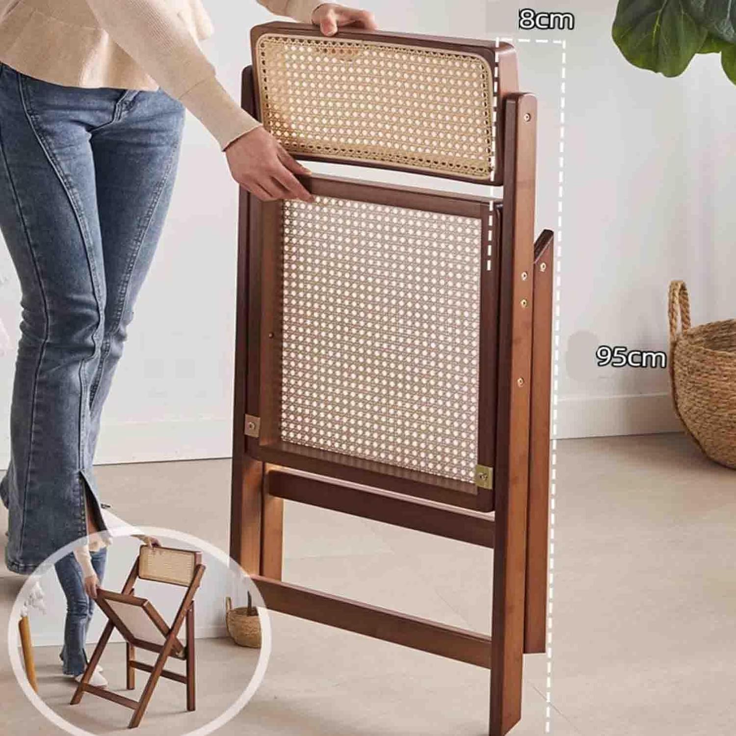 Bamboo Folding Dining Chairs, Woven Rattan Accent Seats with Back Support, Space-Saving Kitchen Chairs for Apartment, Patio, or Modern Farmhouse Decor,1 Pack