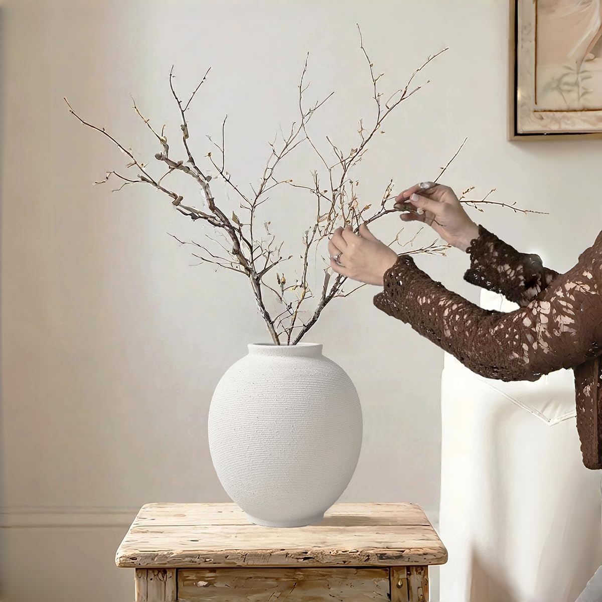 White Ceramic Vase, 9.8" Large, Round, Sandstone White | Farmhouse Style, Hand-Made Textured, Minimalist Design, Home Decor
