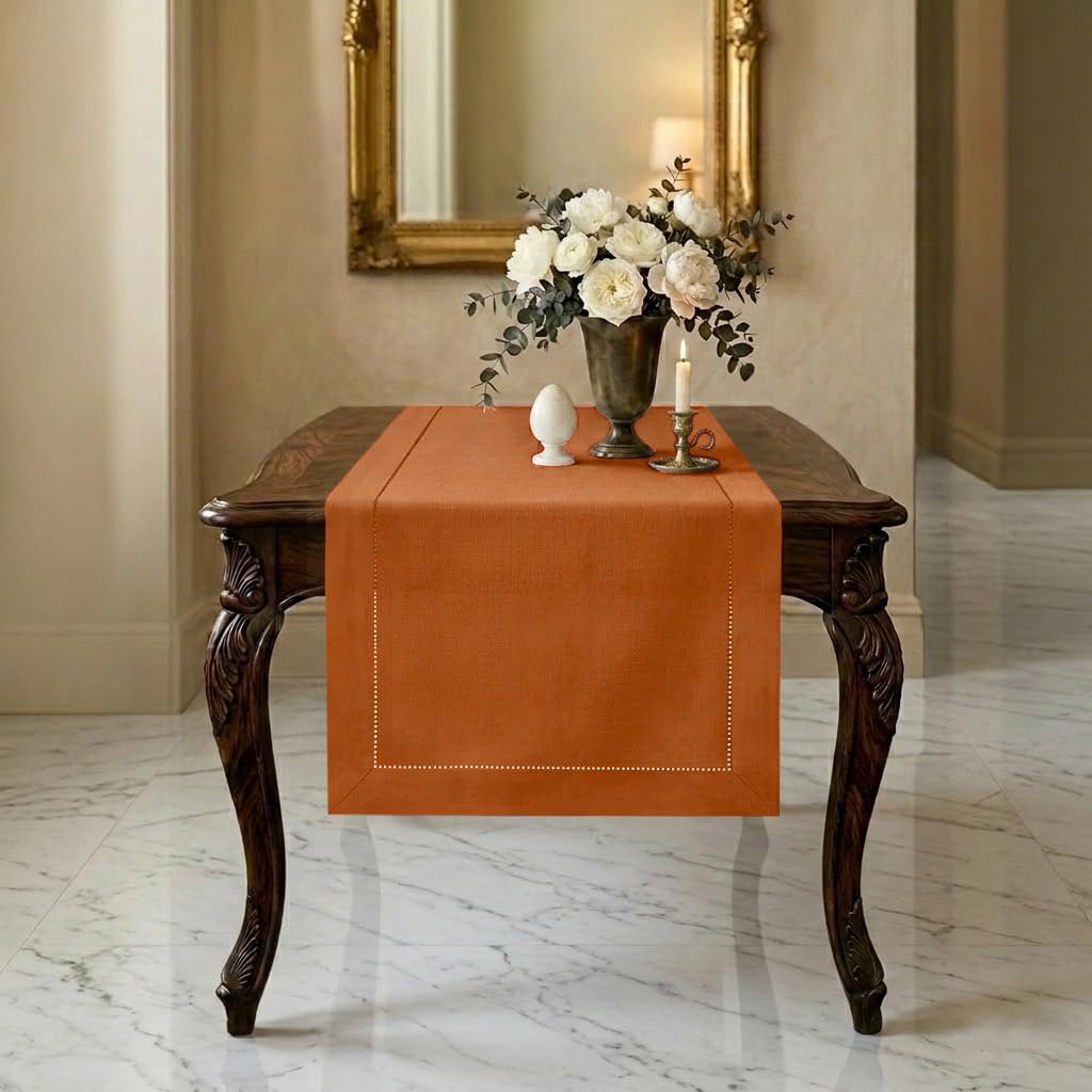 Signature Linen™ by D'Moksha White Table Runner 84 Inches Long, 100% Pure Linen, Hemstitch, 14 x 84 Inch Table Runner for Dresser, Dining- Summer, Father's & Independence Day
