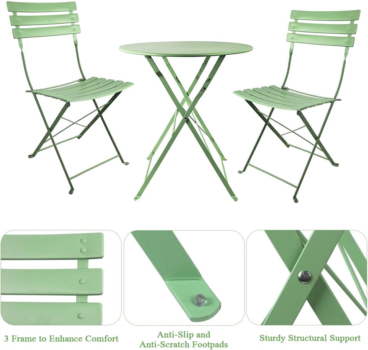 3-Piece Bistro Sets Folding Patio Furniture Set with 2 Chairs and 1 Table, Outdoor Indoor Conversation Set for Balcony Yard Garden, Green