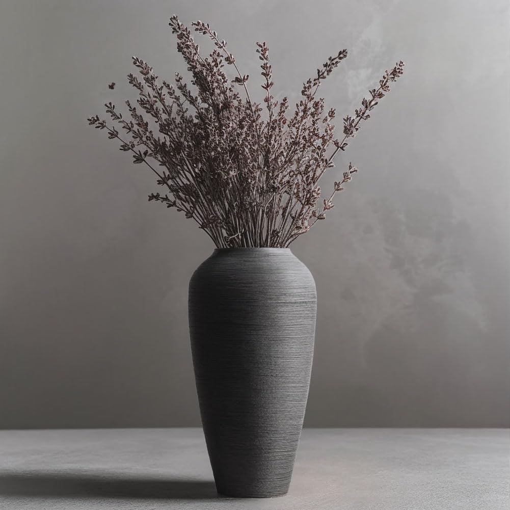 Rustic Farmhouse Flower Vase - 13.8 Inchs Large Black Ceramic Vase, Pampas Grass Vase, Modern Farmhouse Decor Vase for Home Decor, Dining Table, Entryway, Centerpiece, Living Room, Shelf Decorative