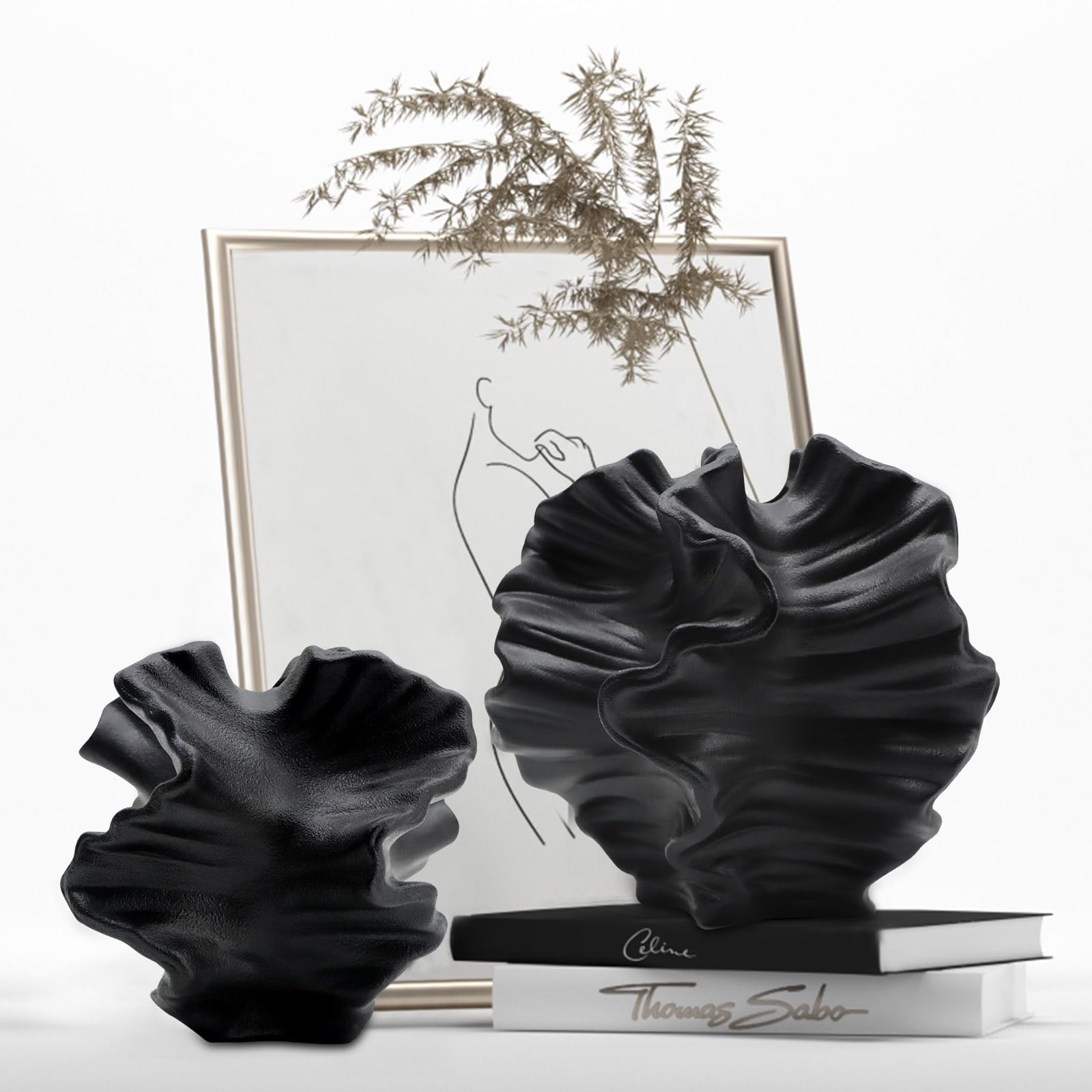Ceramic Vase - Set of 2 for Home Decor,Black Flower Shape Pampas Vases Minimalist Nordic Boho Style for Modern Farmhouse Decor, Living Room、 Kitchen、Mantle、Bedroom、Dining Table、Office