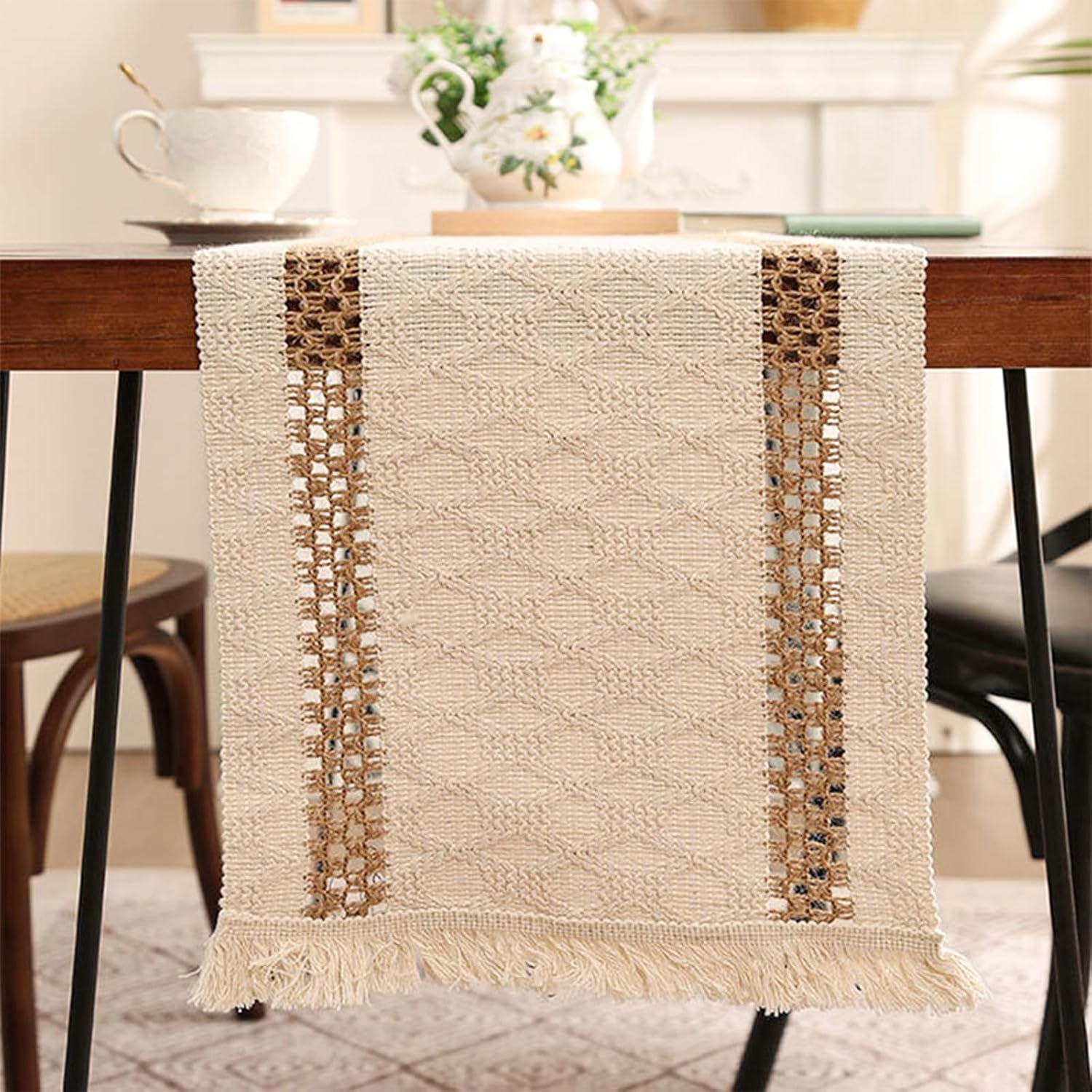 Niviy Boho Table Runner for Home Decor 144 Inches Long Farmhouse Macrame Table Runner Cotton Linen Woven Table Runners for Summer Dining Table Decoration, Beige & Brown