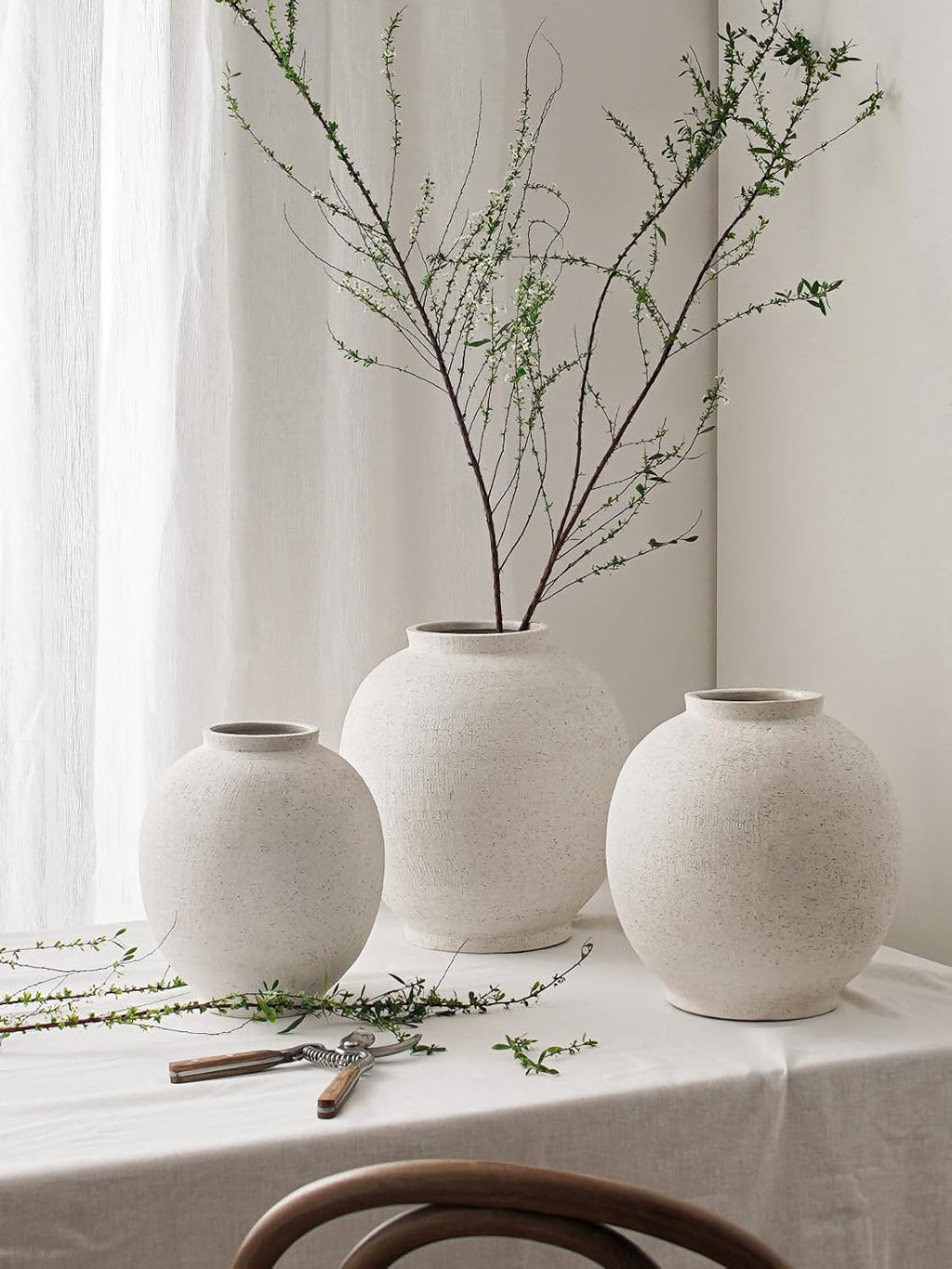 White Ceramic Vase - Large 12.5 Inch Round Floor Vase for Centerpieces, Farmhouse Flower Vases, Rustic Minimalist Home Decor (Sandstone White)