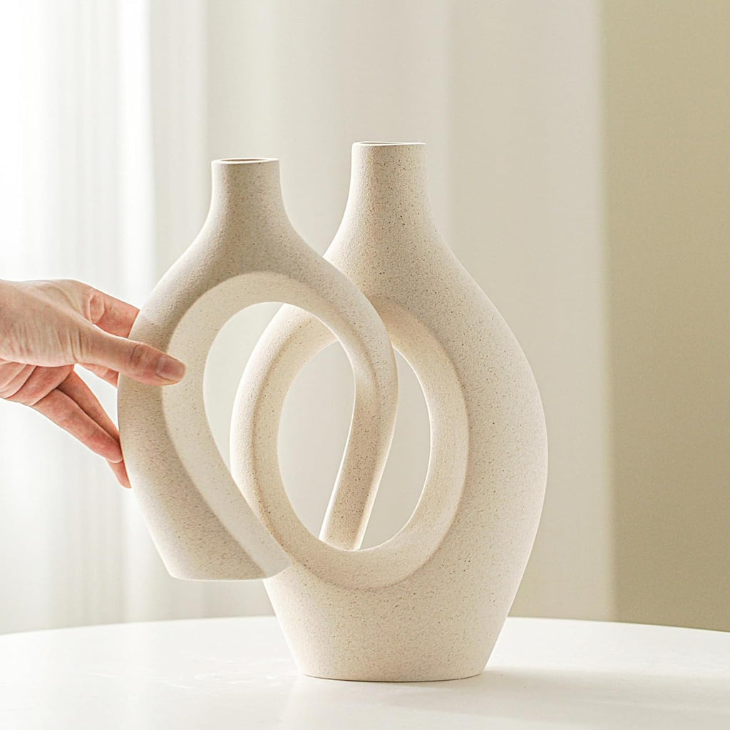 Lvases Snuggle Hollow Ceramic Vase Set of 2, Boho ins Style Round Nordic Mid Century Modern Aesthetic Decorative Vase for Home Decor (Cream W 6.8" X H 11")