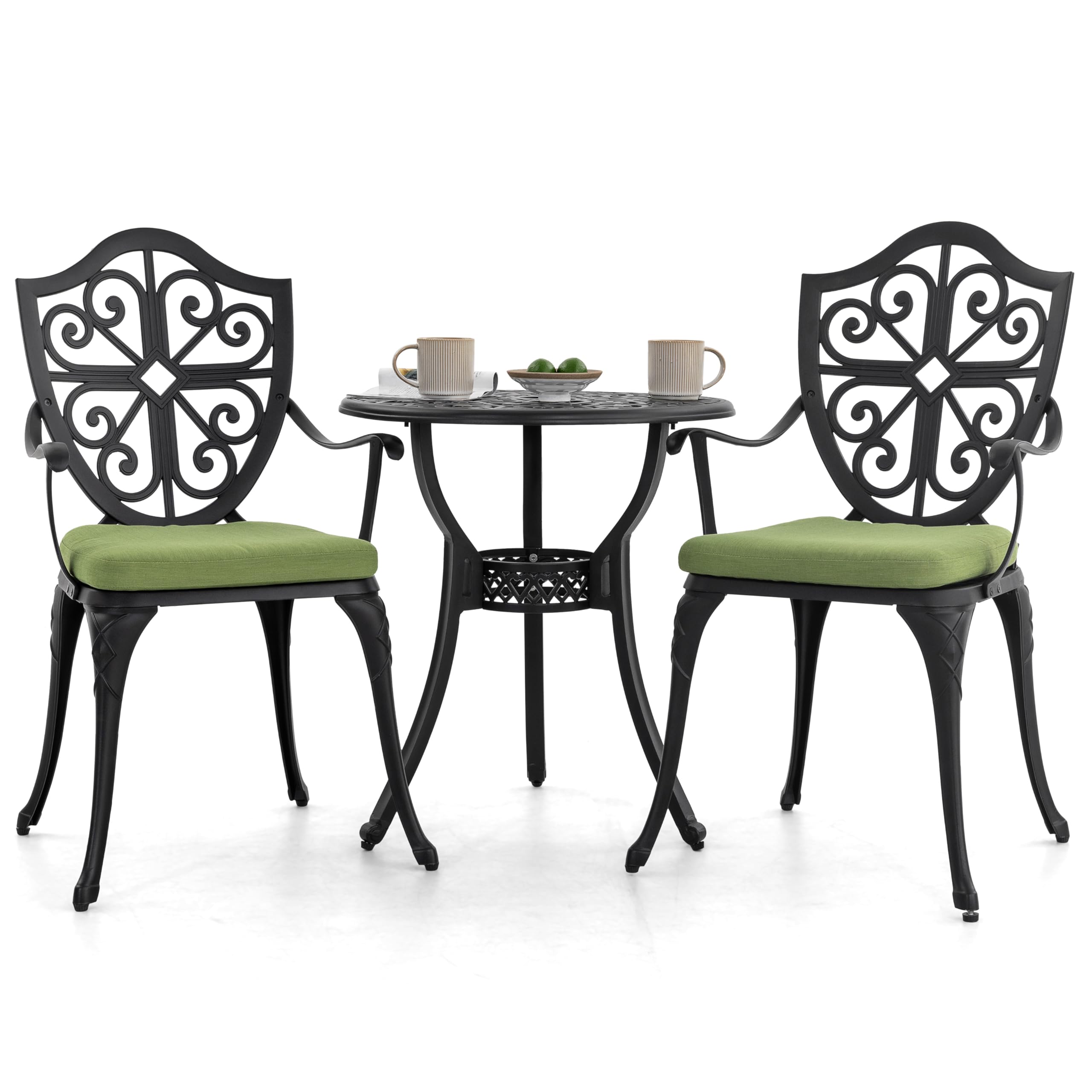 NUU GARDEN 3 Piece Outdoor Bistro Table Set, All Weather Cast Aluminum Patio Bistro Sets Patio Table and Chairs Set of 2 with Umbrella Hole for Yard, Garden, Balcony, Black