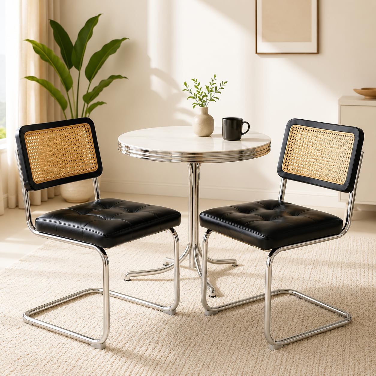 Japard Dining Chairs Set of 2, Modern Mid Century Upholstery, Rattan Cantilever Armless with Metal for Bedroom Living Room Kitchen Black 333 lbs