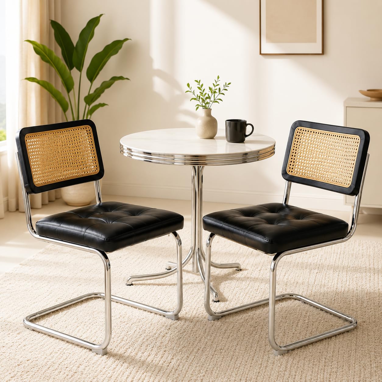 Japard Dining Chairs Set of 2, Modern Mid Century Upholstery, Rattan Cantilever Armless with Metal for Bedroom Living Room Kitchen Black 333 lbs