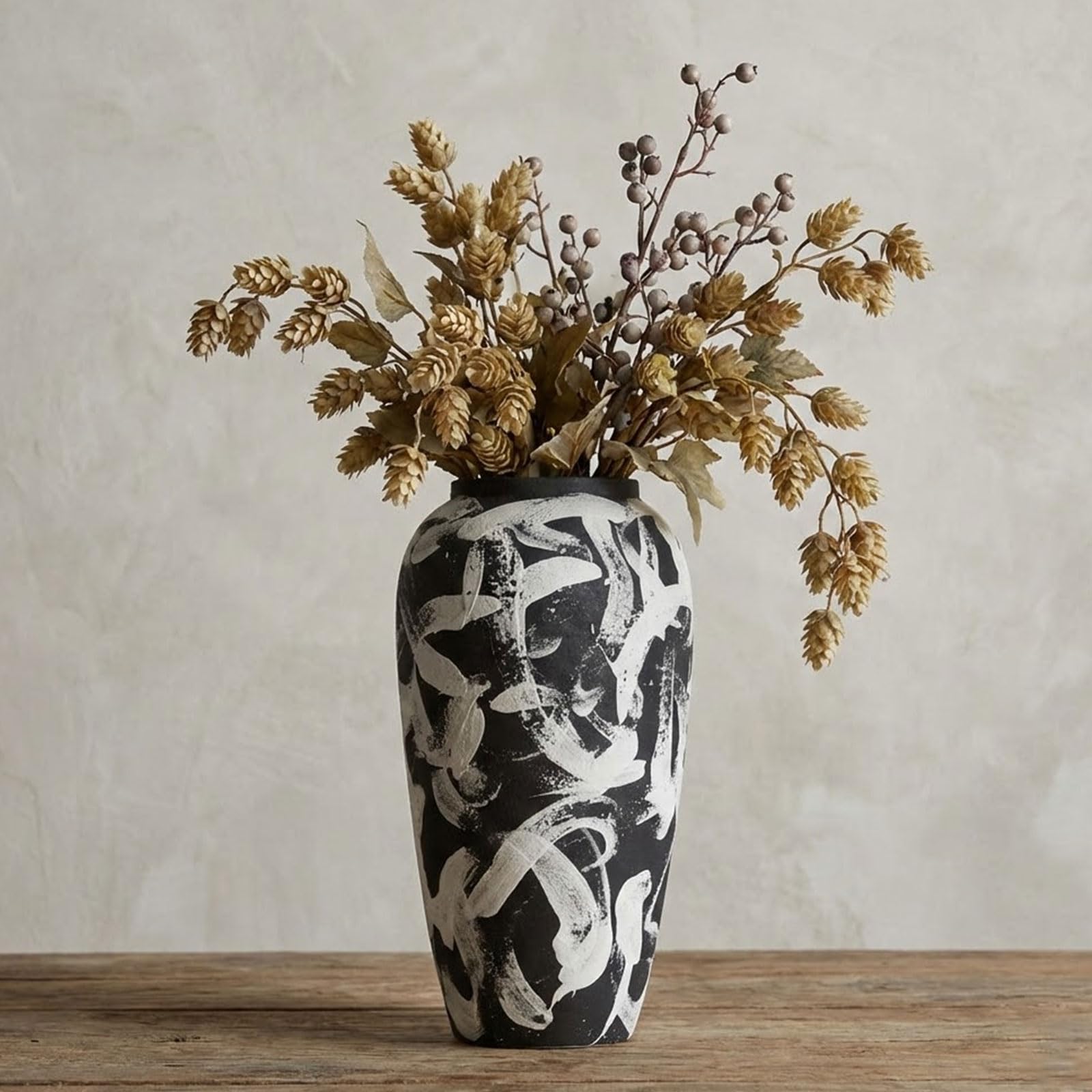 Rustic Farmhouse Flower Vase - 13.8 Inchs Large Black Ceramic Vase, Pampas Grass Vase, Modern Farmhouse Decor Vase for Home Decor, Dining Table, Entryway, Centerpiece, Living Room, Shelf Decorative