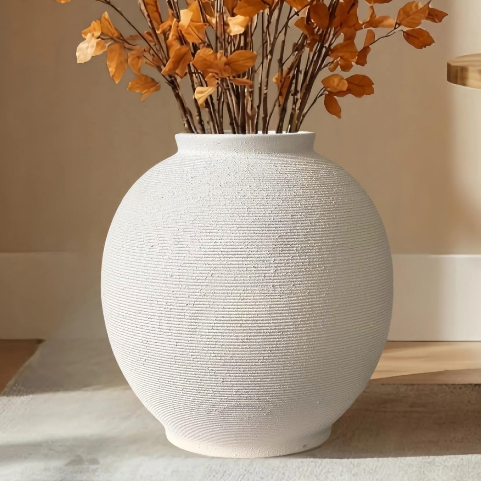 White Ceramic Vase, 9.8" Large, Round, Sandstone White | Farmhouse Style, Hand-Made Textured, Minimalist Design, Home Decor