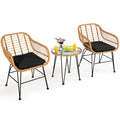 Tangkula 3 Pieces Patio Conversation Bistro Set, Outdoor Wicker Furniture w/Round Tempered Glass Top Table & 2 Rattan Armchairs, Bistro Chat Set w/Seat Cushions for Porch, Backyard, Garden