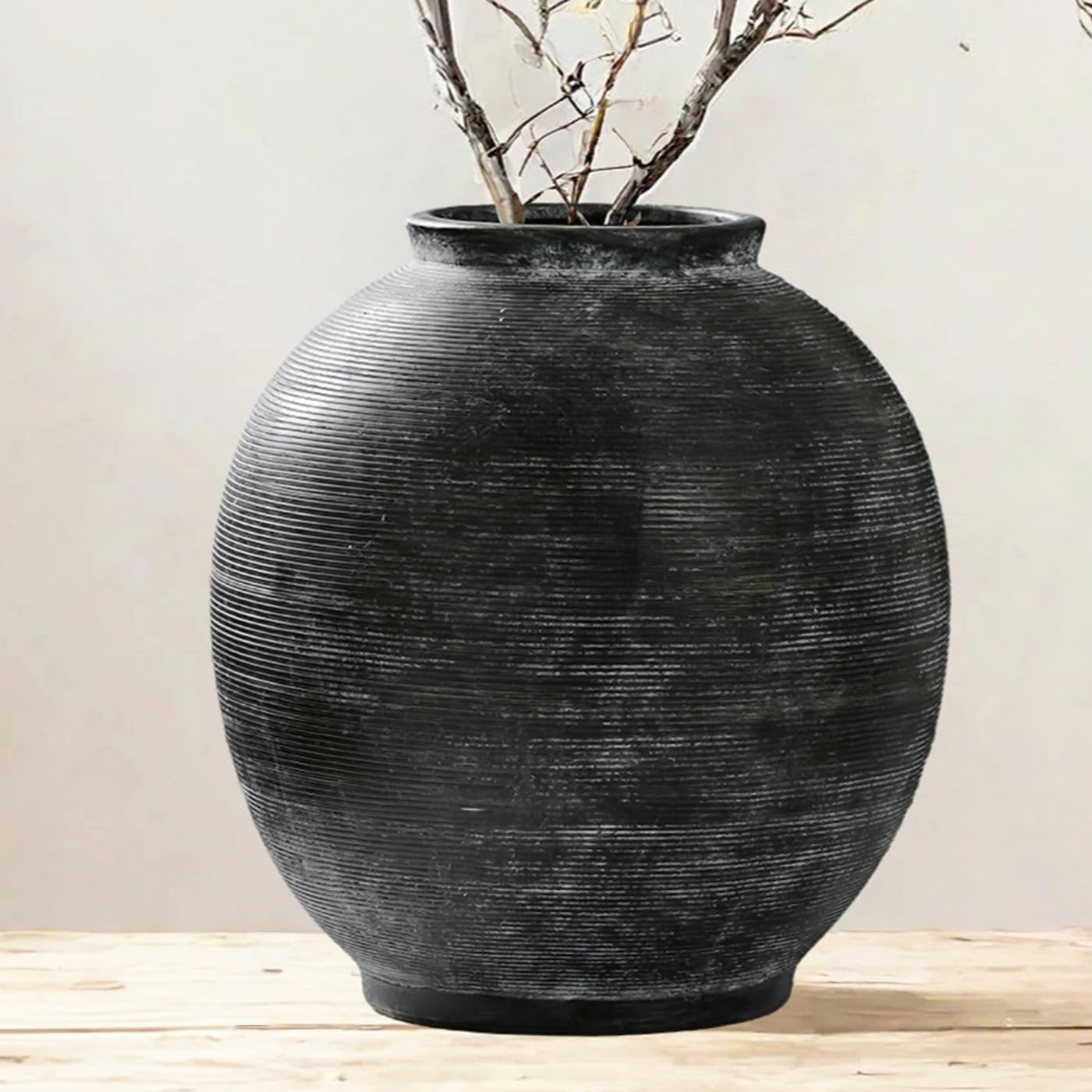 White Ceramic Vase, 9.8" Large, Round, Sandstone White | Farmhouse Style, Hand-Made Textured, Minimalist Design, Home Decor