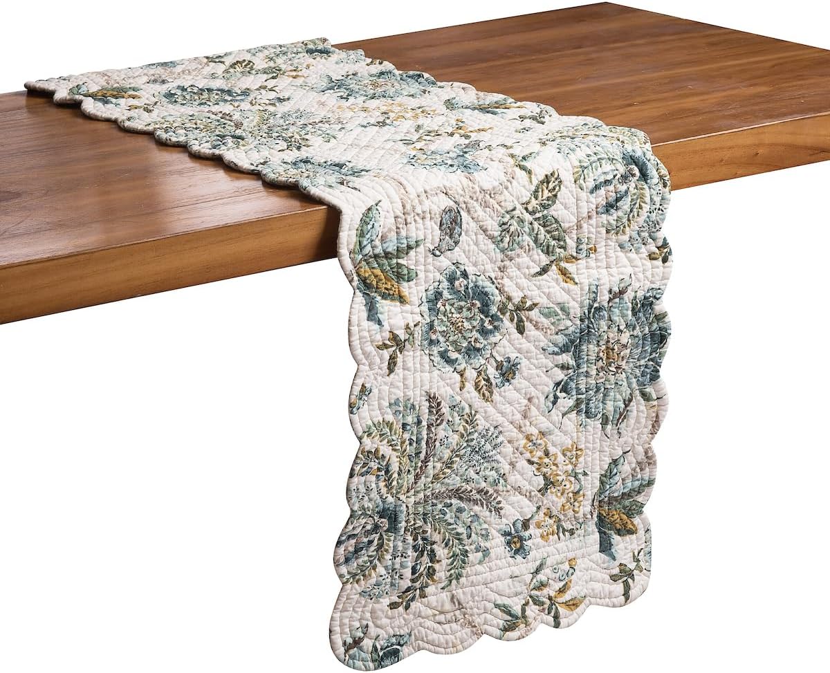 C&F Home Braganza Teal Vintage 100% Cotton Table Runner 14" x 51" Versatile Floral Flowers Spring Springtime Summer Kitchen Dining Dinner Tabletop Machine Wash Reversible Scalloped Edge Decor
