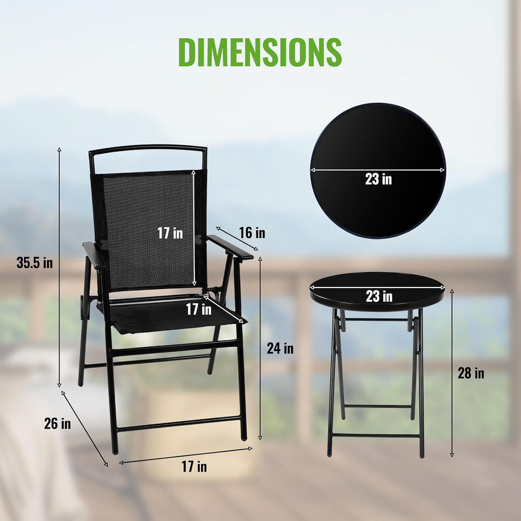 Backyard Expressions 3-Piece Folding Bistro Set – Outdoor Patio Furniture Set with 2 Mesh Chairs & Round Table – Weather-Resistant, Portable & Space-Saving Design for Balcony, Deck, Garden