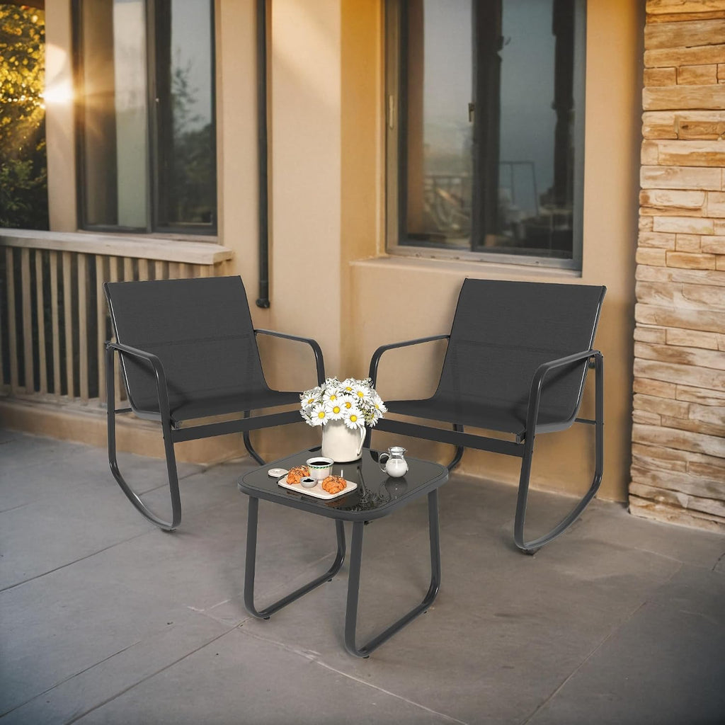 DWVO 3 Piece Patio Furniture Set, Durable Textilene Patio Set with Rocking Chairs Set of 2 & Tempered Glass Table for Garden, Balcony & Poolside, Black