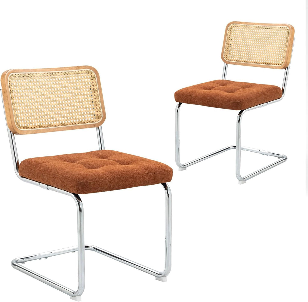 Mid-Century Orange Dining Chairs Set of 2, Modern Velvet Rattan Back Chairs, Upholstery Kitchen Chairs with Silver Chromed Sled Base, Cane Back Accent Chair for Bedroom, Orange