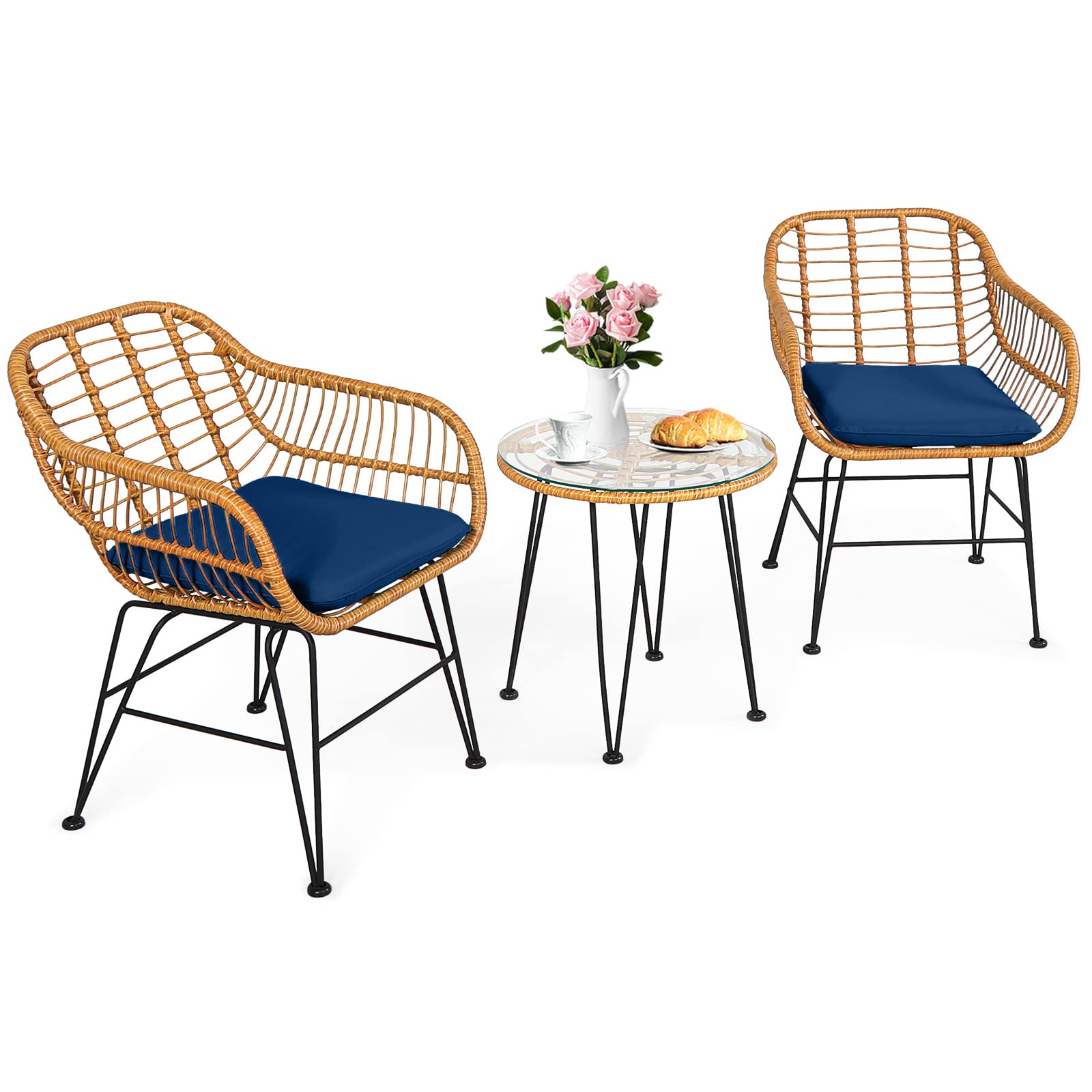 Tangkula 3 Pieces Patio Conversation Bistro Set, Outdoor Wicker Furniture w/Round Tempered Glass Top Table & 2 Rattan Armchairs, Bistro Chat Set w/Seat Cushions for Porch, Backyard, Garden