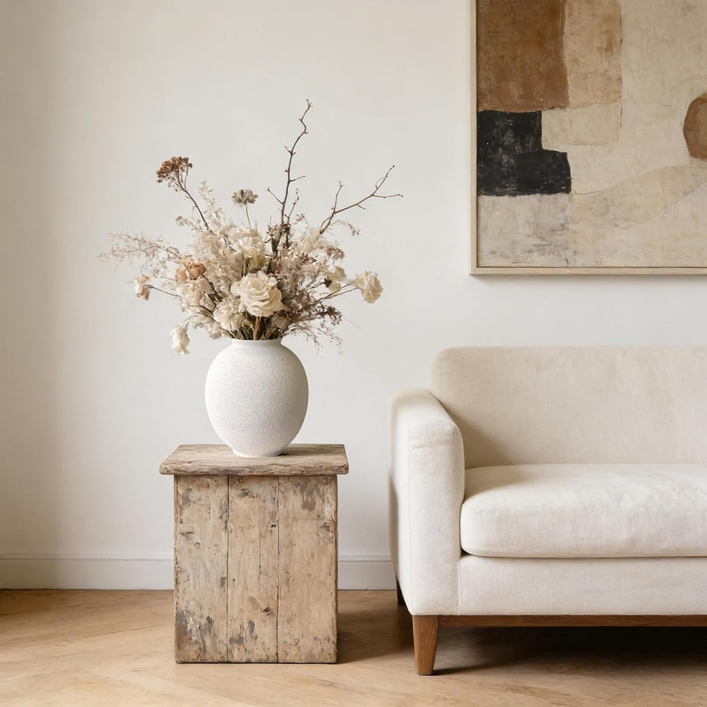 White Ceramic Vase, 9.8" Large, Round, Sandstone White | Farmhouse Style, Hand-Made Textured, Minimalist Design, Home Decor