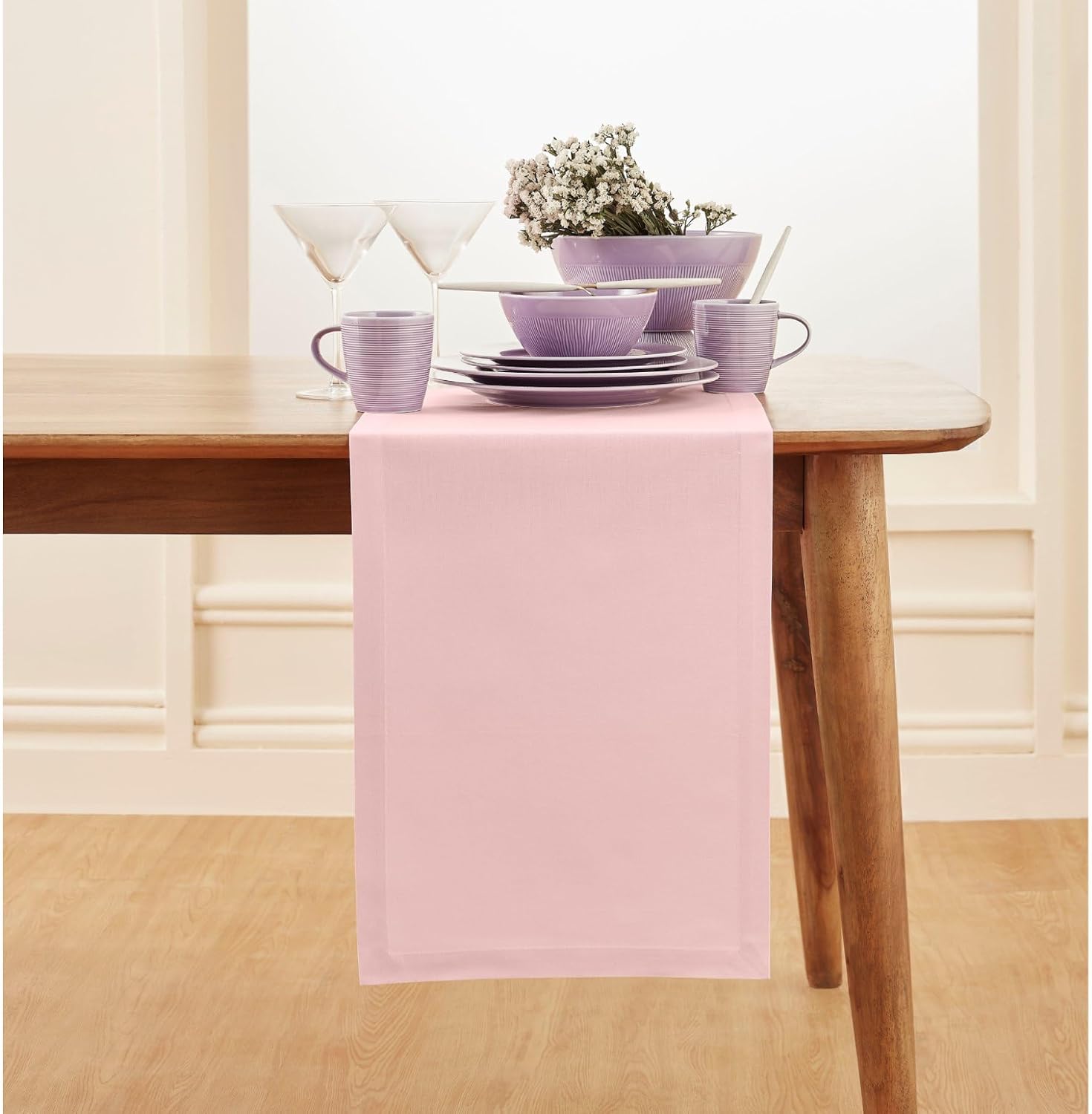 Solino Home Pink Cotton Linen Table Runner 90 Inches Long - Elegant Machine Washable Dining Table Runner 14x90 Inch for Summer Decor & 4th of July - Dru
