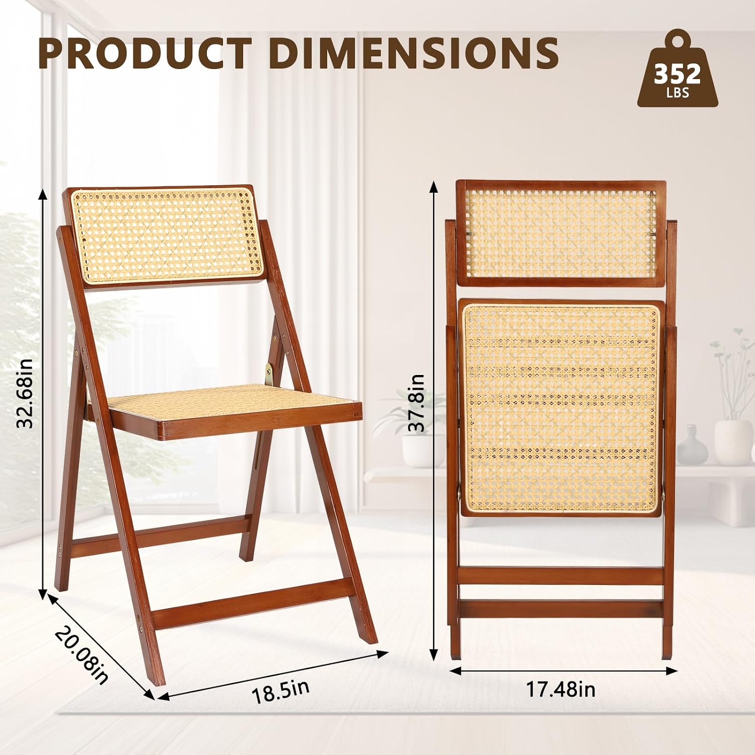 Set of 2 Walnut Mid-Century Modern Rattan Folding Patio Dining Chairs with Adjustable Backrest for Balcony, Porch, Deck & Backyard