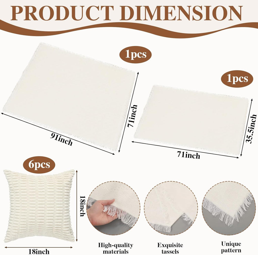 Novabright Picnic Kit Folding Picnic Table Extra Large Outdoor Boho Blanket Beige Table Runner Floor Pillow Covers Woven Cotton Oversize Washable for Camp Wedding (Cream White,Pillow Covers,10 Pcs)