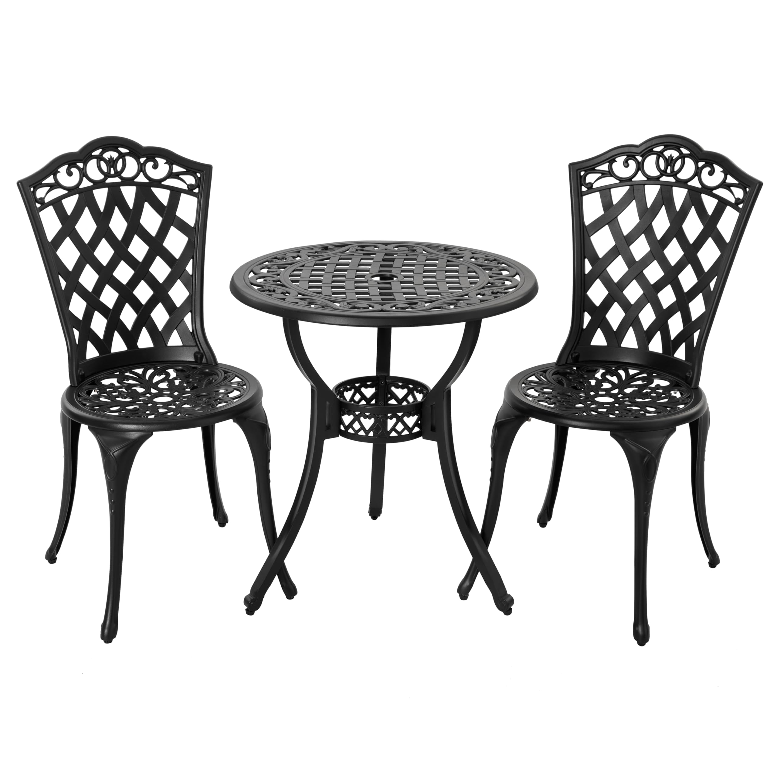 NUU GARDEN 3 Piece Outdoor Bistro Table Set, All Weather Cast Aluminum Patio Bistro Sets Patio Table and Chairs Set of 2 with Umbrella Hole for Yard, Garden, Balcony, Black