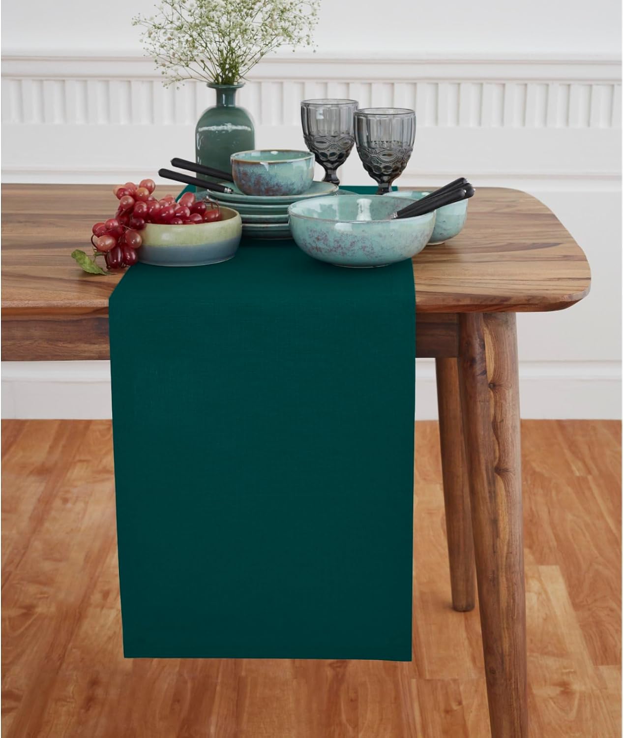 Solino Home Dark Green Cotton Linen Table Runner 108 Inches Long - Elegant Machine Washable Dining Table Runner 14x108 Inch for Summer Decor & 4th of July - Dru