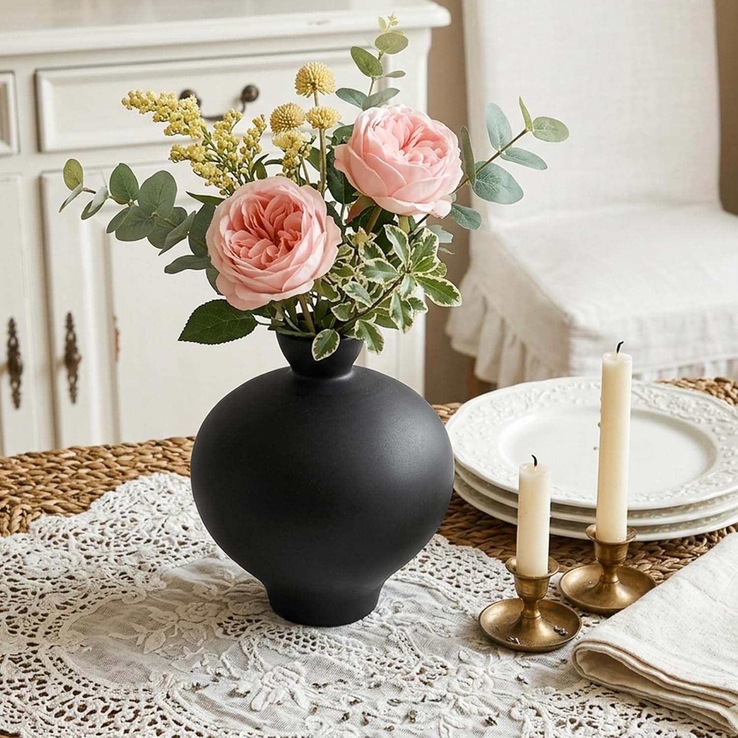 Matte Black Ceramic Vase, 9'' Modern Sculptural Round Flower Vase, Minimalist Bud Vase for Nordic Home Decor, Decorative Watertight Black Vase for Centerpiece Living Room Mantel Table Shelf