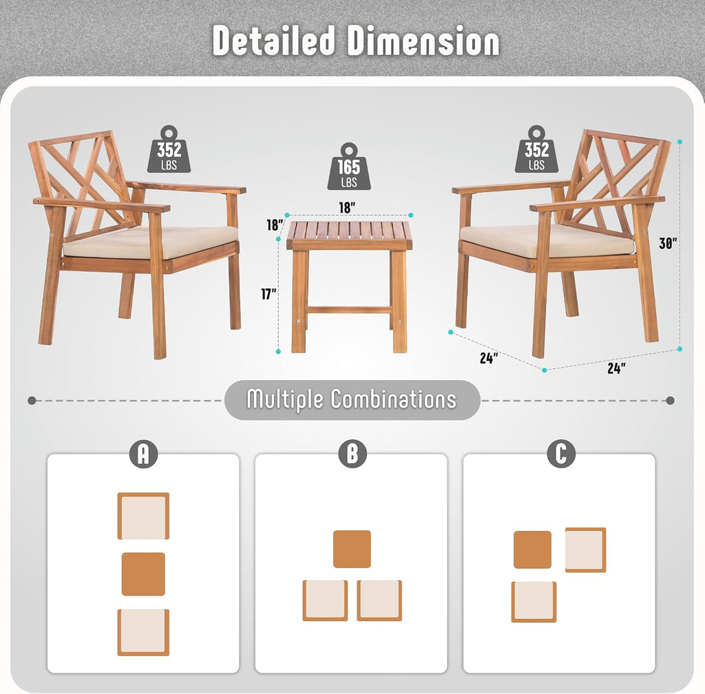 Werph 3 Piece Outdoor Patio Furniture Set, Wooden Conversation Patio Set with Padded Cushion Chairs and Coffee Table, Acacia Wood Lounge Conversation Set for Porch Balcony Deck Backyard