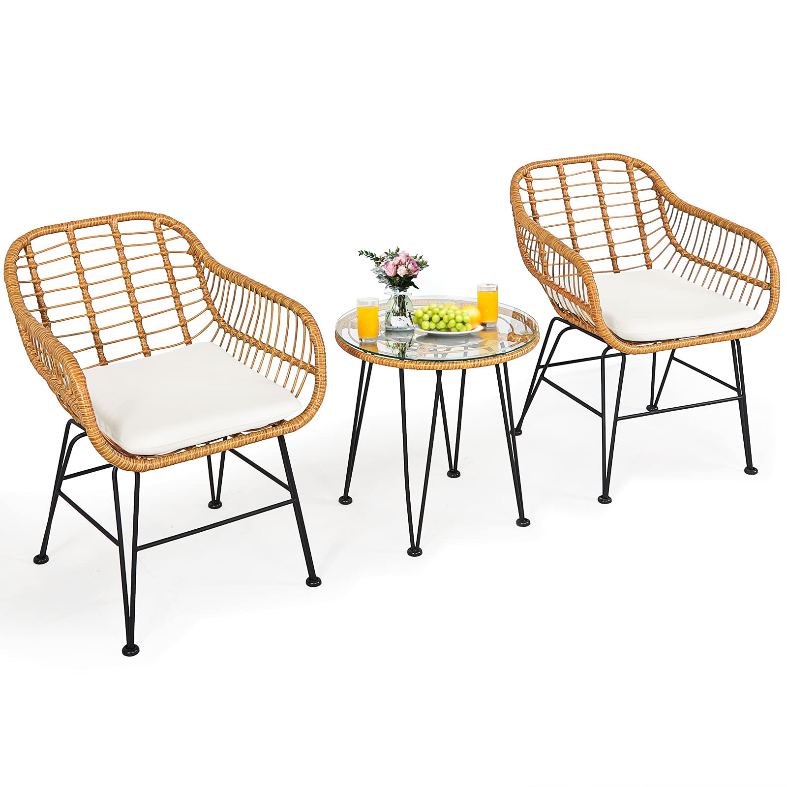 Tangkula 3 Pieces Patio Conversation Bistro Set, Outdoor Wicker Furniture w/Round Tempered Glass Top Table & 2 Rattan Armchairs, Bistro Chat Set w/Seat Cushions for Porch, Backyard, Garden