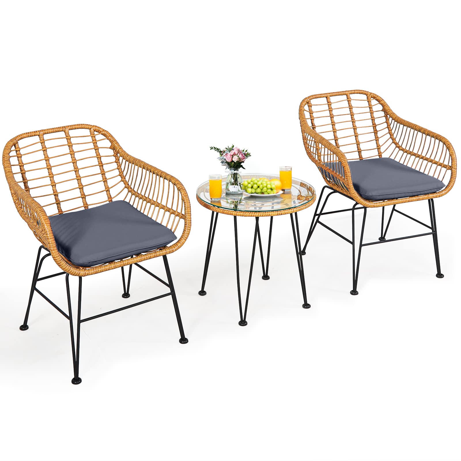 Tangkula 3 Pieces Patio Conversation Bistro Set, Outdoor Wicker Furniture w/Round Tempered Glass Top Table & 2 Rattan Armchairs, Bistro Chat Set w/Seat Cushions for Porch, Backyard, Garden