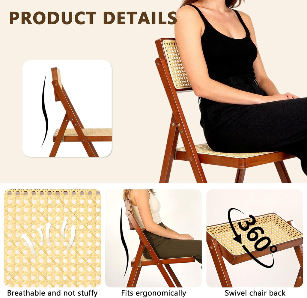 Set of 2 Walnut Mid-Century Modern Rattan Folding Patio Dining Chairs with Adjustable Backrest for Balcony, Porch, Deck & Backyard