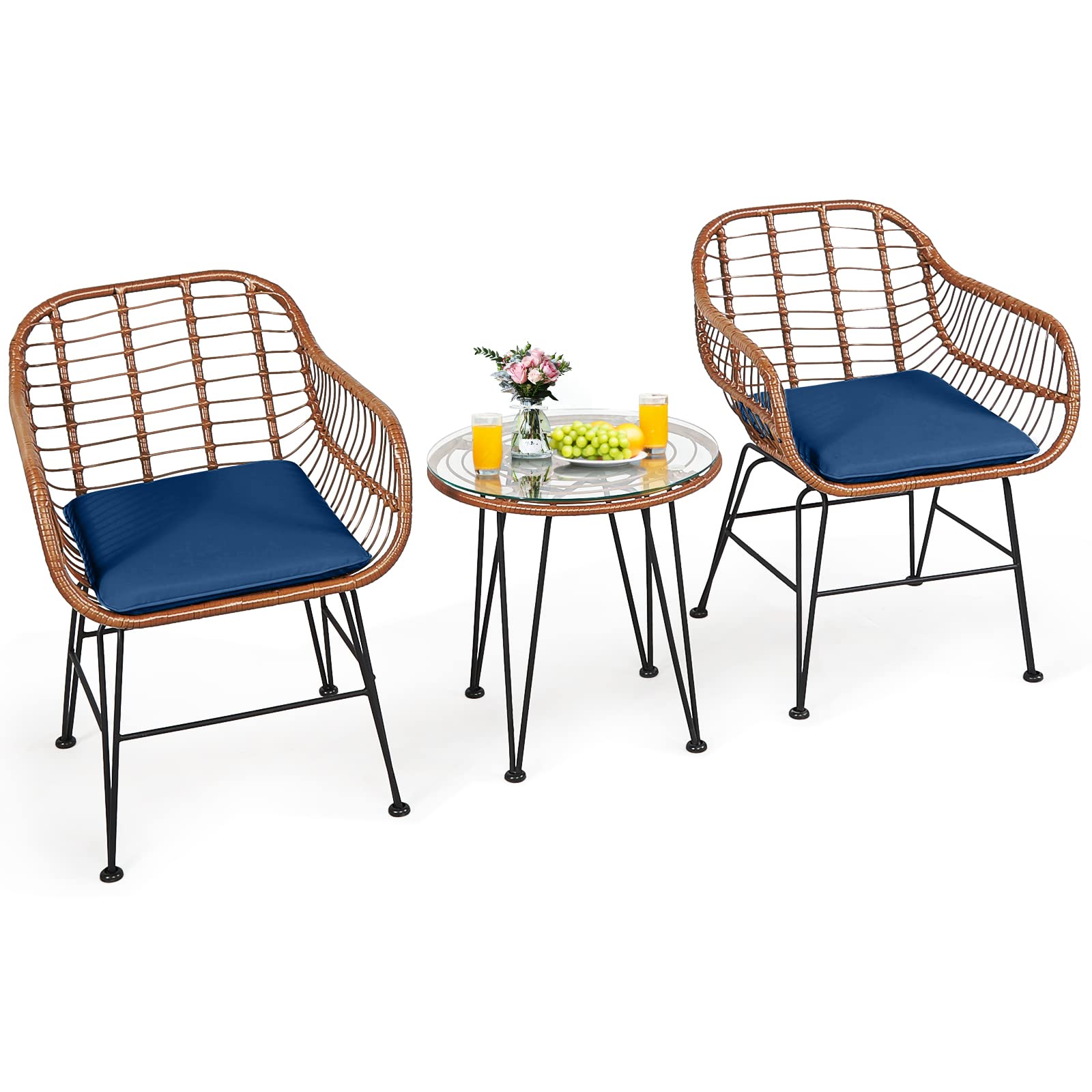 Tangkula 3 Pieces Patio Conversation Bistro Set, Outdoor Wicker Furniture w/Round Tempered Glass Top Table & 2 Rattan Armchairs, Bistro Chat Set w/Seat Cushions for Porch, Backyard, Garden
