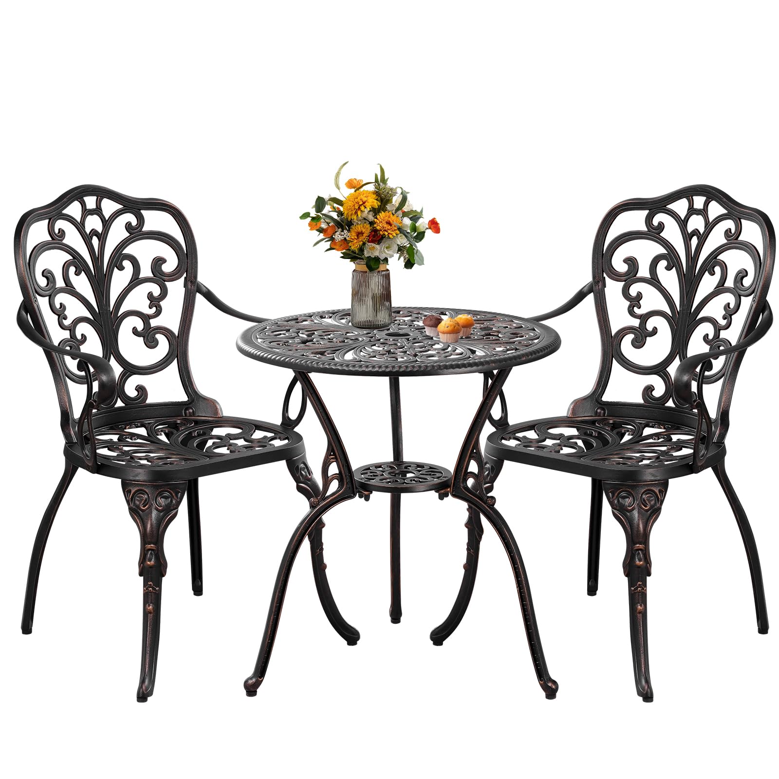 Outdoor Bistro Table and Chairs Set of 2, White Metal Patio Bistro Set, Cast Aluminum Bistro Set 3 Piece Outdoor with Umbrella Hole, 3 Piece Outdoor Bistro Set for Balcony Garden Porch