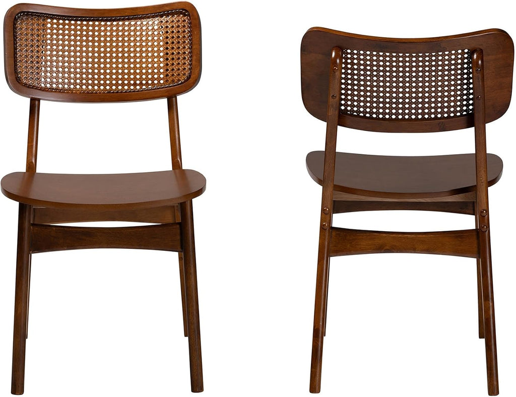 Baxton Studio Tafari Mid-Century Modern Walnut Brown Finished Wood and Rattan 2-Piece Dining Chair Set