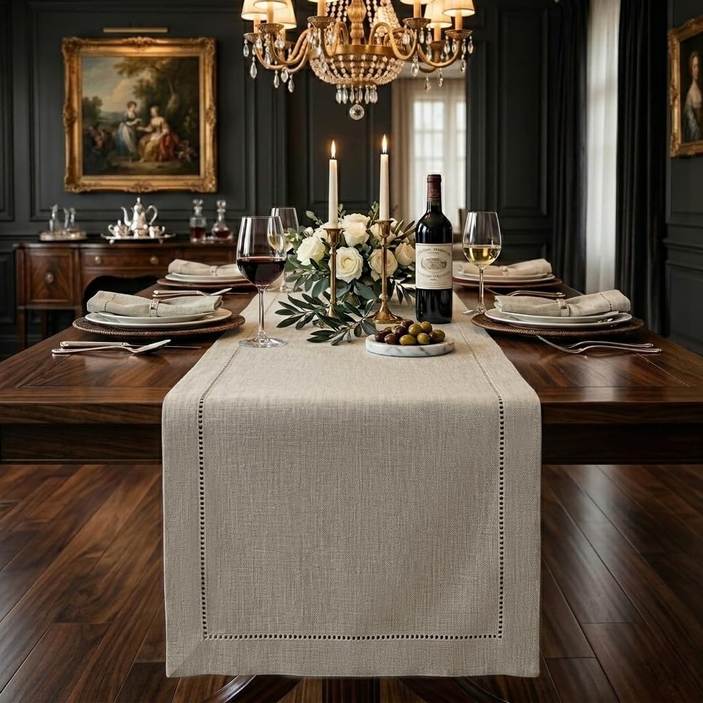 Signature Linen™ by D'Moksha White Table Runner 84 Inches Long, 100% Pure Linen, Hemstitch, 14 x 84 Inch Table Runner for Dresser, Dining- Summer, Father's & Independence Day