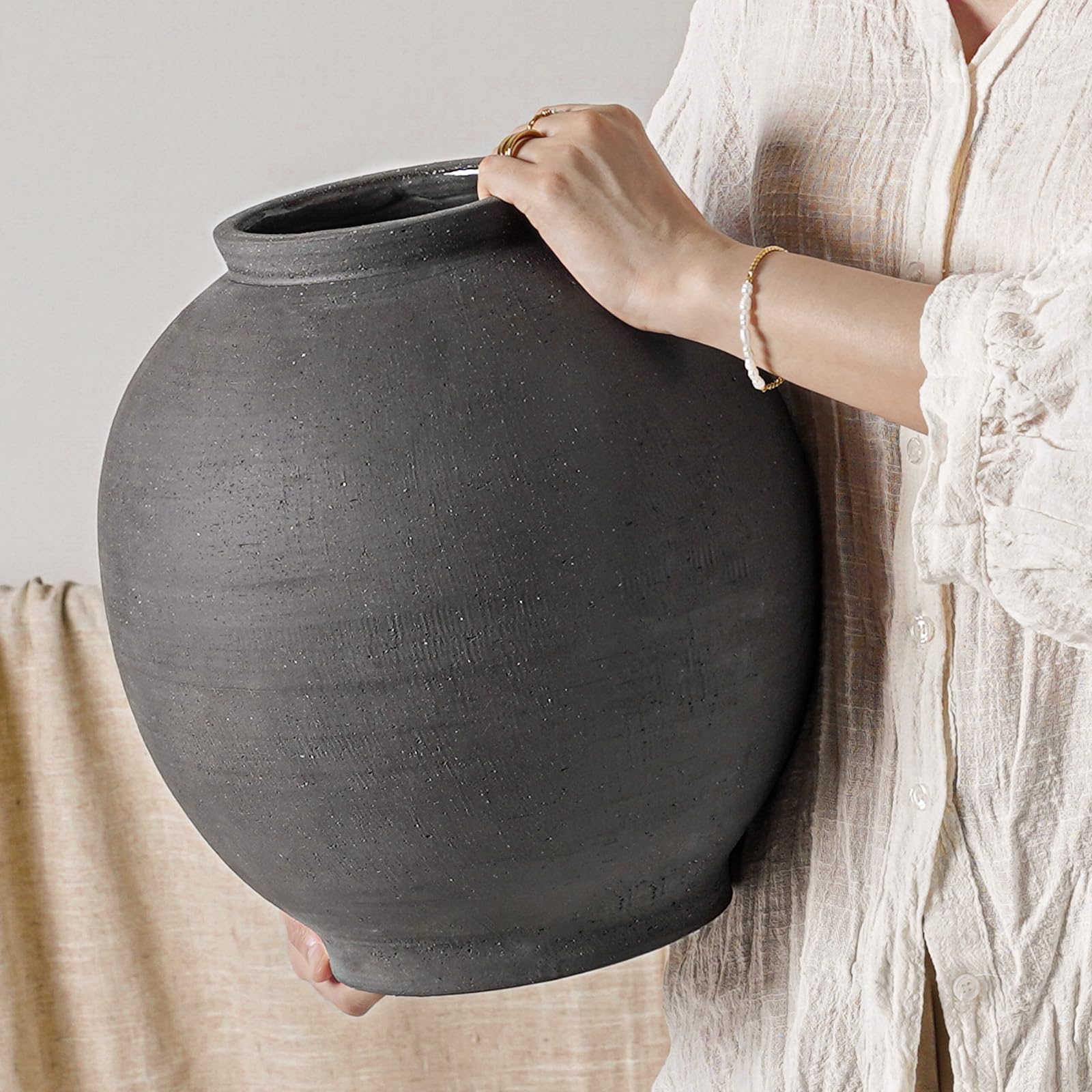 White Ceramic Vase - Large 12.5 Inch Round Floor Vase for Centerpieces, Farmhouse Flower Vases, Rustic Minimalist Home Decor (Sandstone White)
