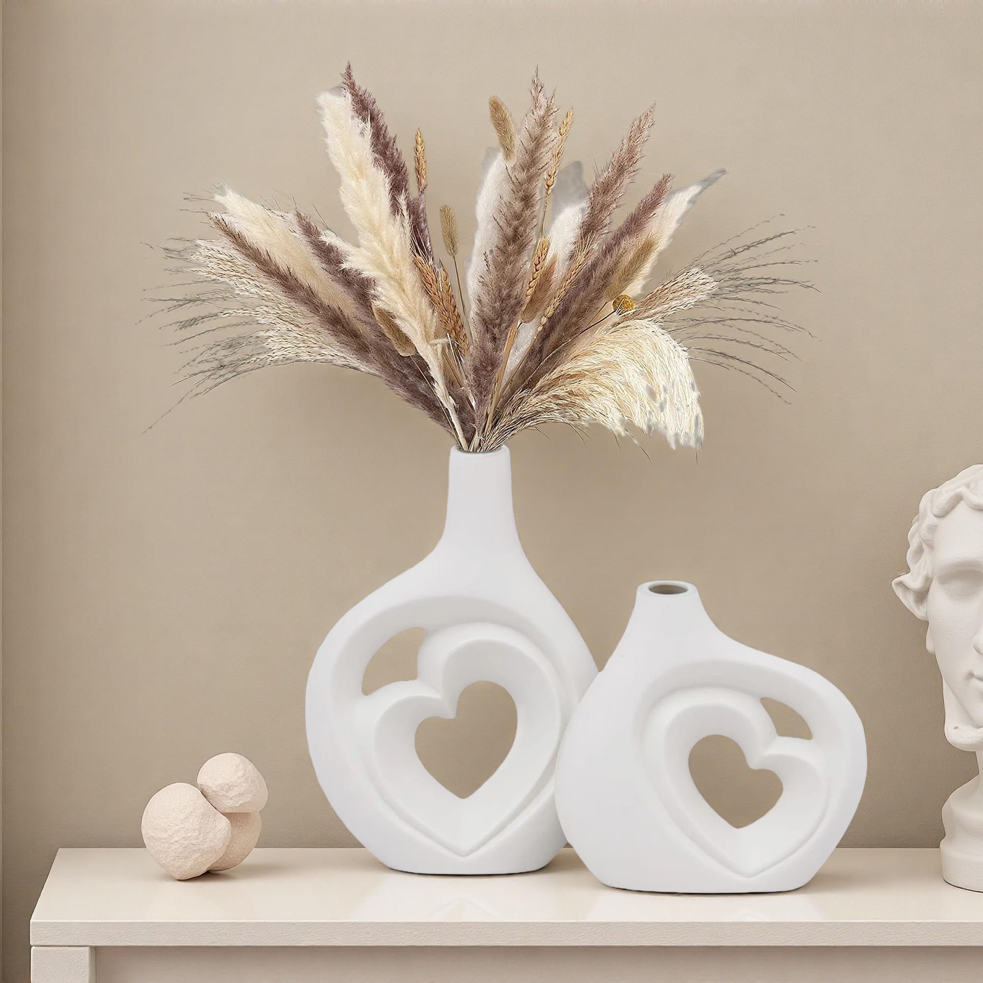XL Black and White Vase Set of 2,Heart Shaped Ceramic Vases Home Decor,Minimalist Decorative Vases,Modern Home Decor for Wedding Dining Living Room Office Coffee Table Centerpiece