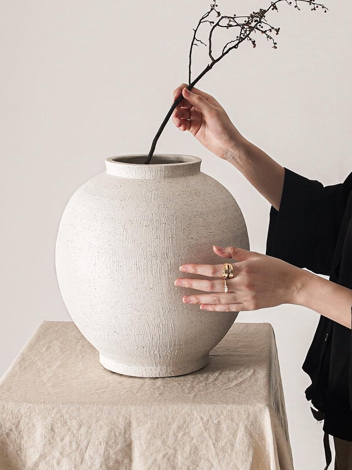 White Ceramic Vase - Large 12.5 Inch Round Floor Vase for Centerpieces, Farmhouse Flower Vases, Rustic Minimalist Home Decor (Sandstone White)