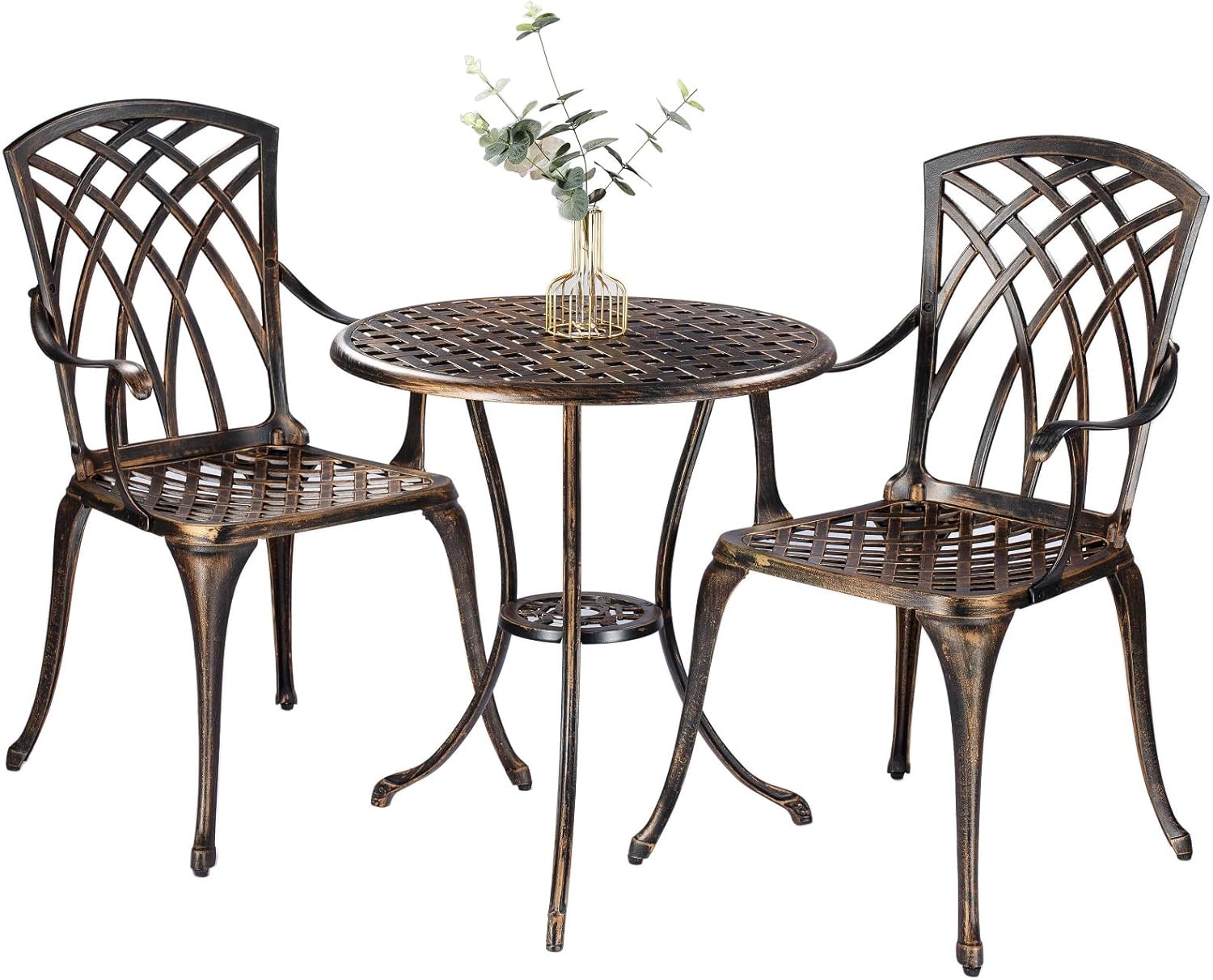 Bistro Set 3 Piece Rustproof Cast Aluminum Patio Furniture Sets Round Table with Umbrella Hole for Outdoor, Patio, Balcony, Bronze