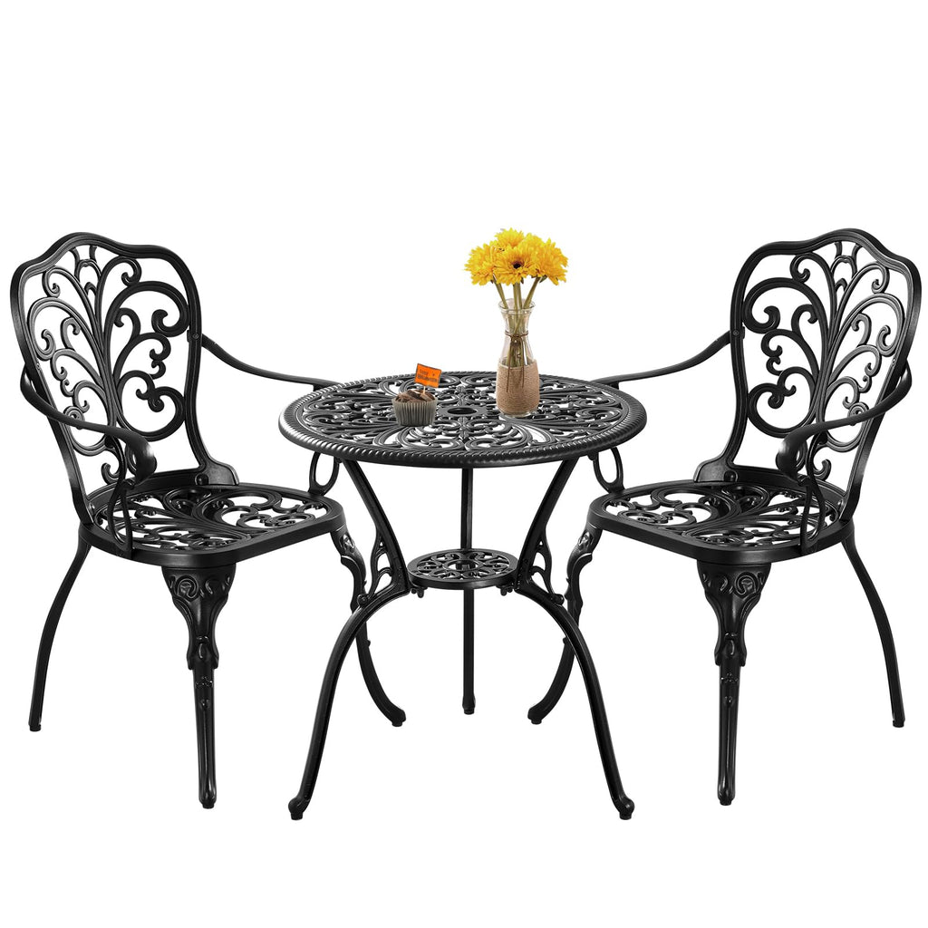 Outdoor Bistro Table and Chairs Set of 2, White Metal Patio Bistro Set, Cast Aluminum Bistro Set 3 Piece Outdoor with Umbrella Hole, 3 Piece Outdoor Bistro Set for Balcony Garden Porch