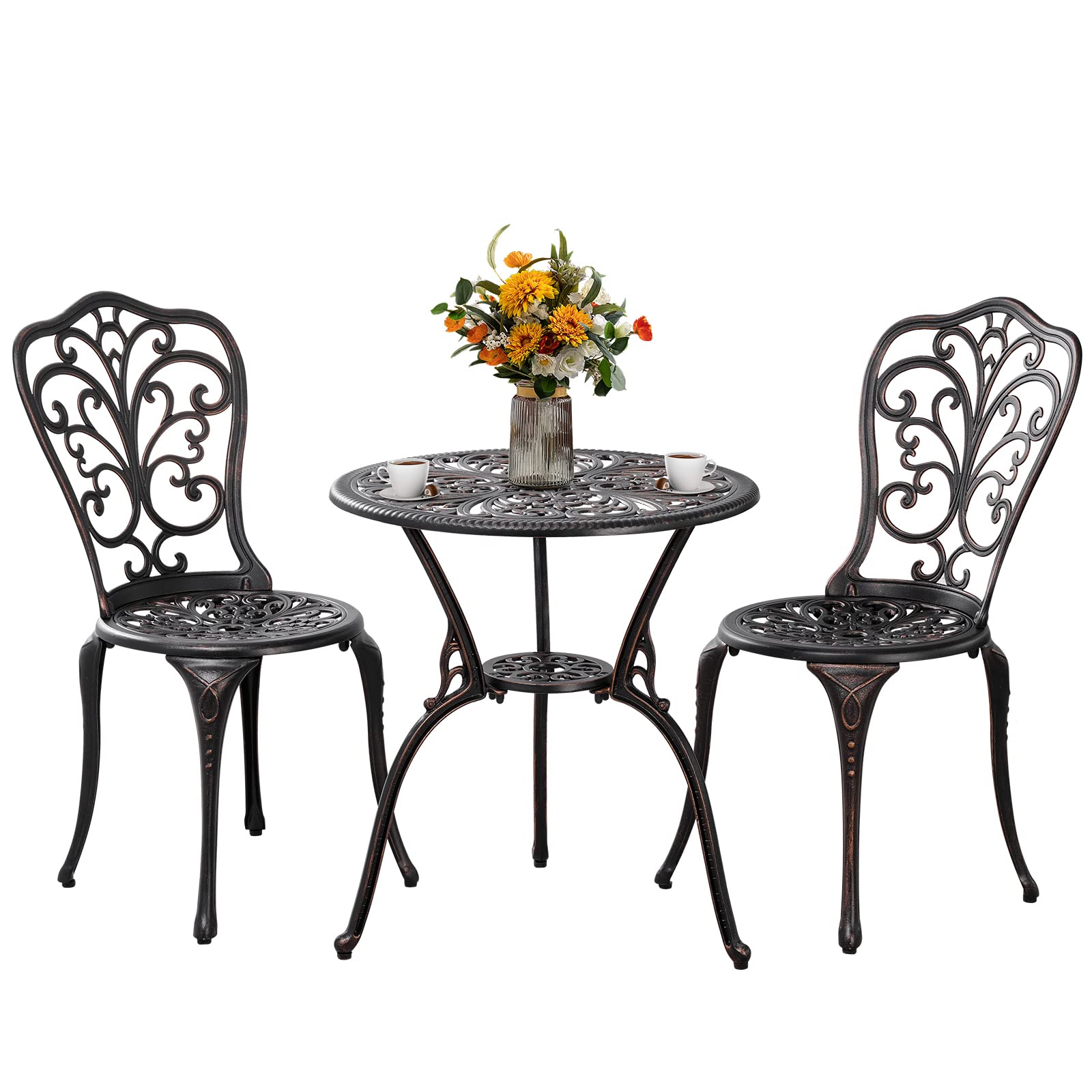 Outdoor Bistro Set 3 Piece Patio Bistro Set, Cast Aluminum Bistro Table and Chairs Set of 2, Small Patio Table Set for Porch, Black