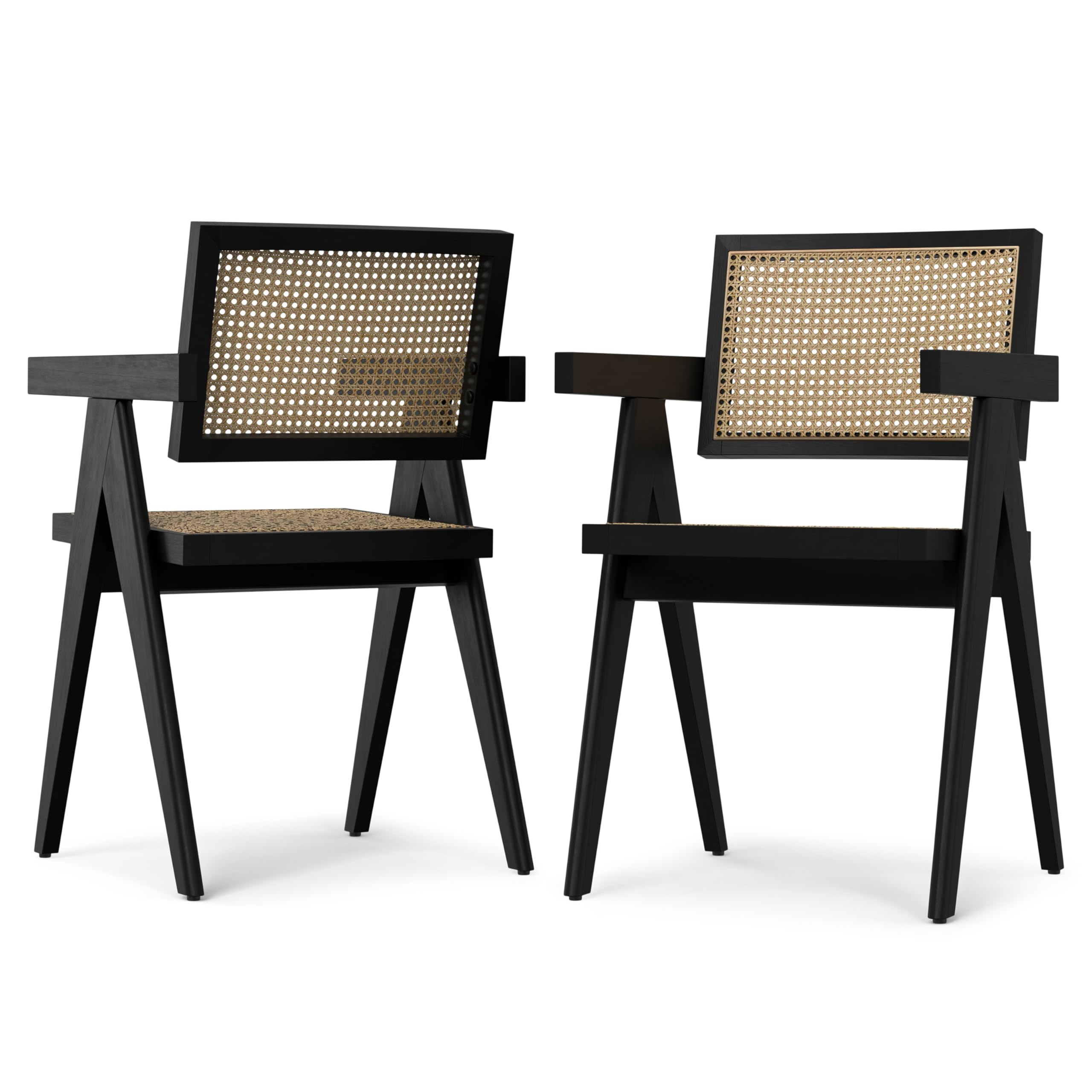 SIMPLIHOME Regina Dining Chairs - Mid-Century Modern Solid Beechwood and Rattan Arm Chair Set in Natural, Dining Room Seating with Open Frame, Curved Arms and Woven Seat and Backrest (Set of 2)