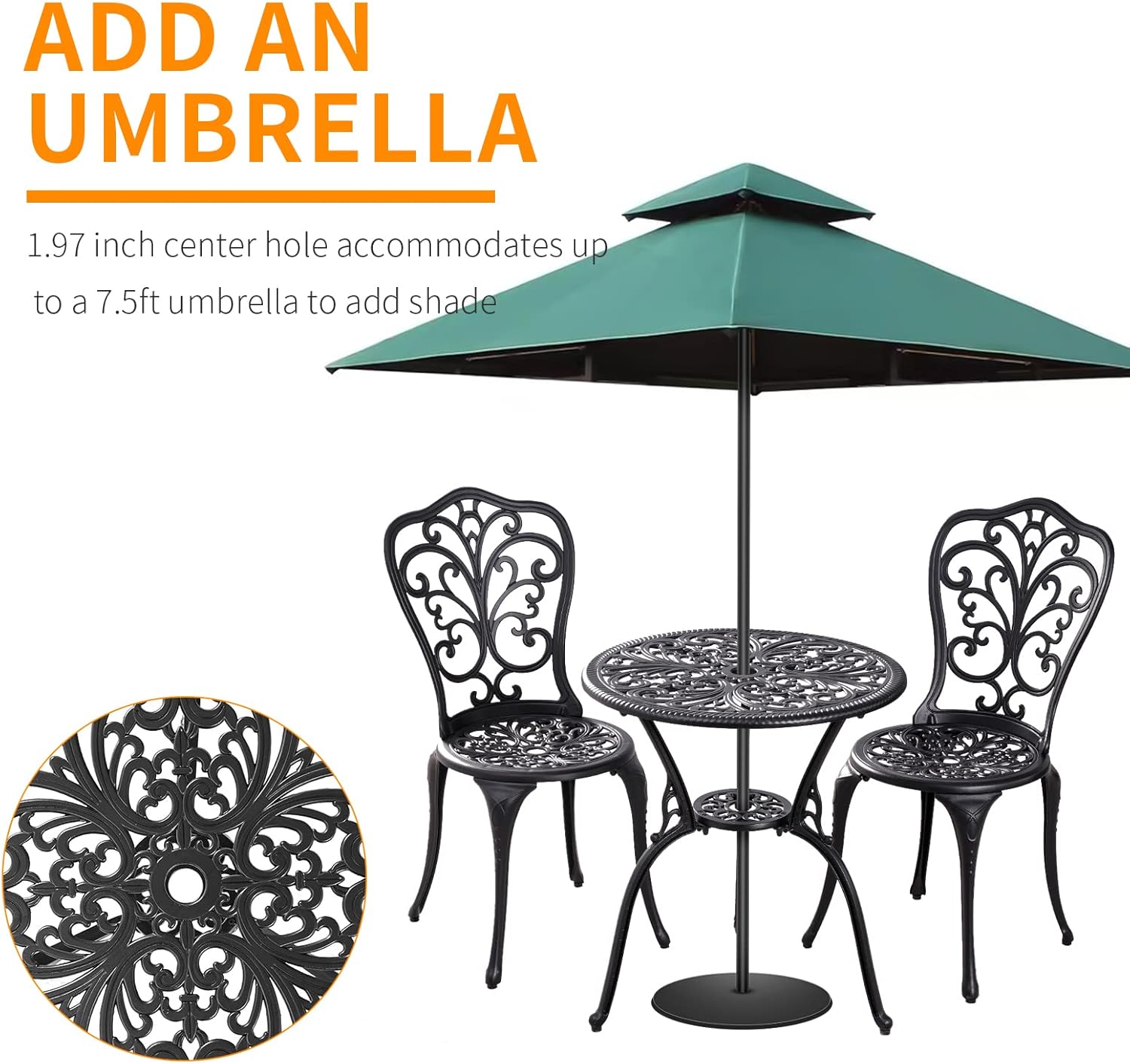 Outdoor Bistro Set 3 Piece Patio Bistro Set, Cast Aluminum Bistro Table and Chairs Set of 2, Small Patio Table Set for Porch, Black