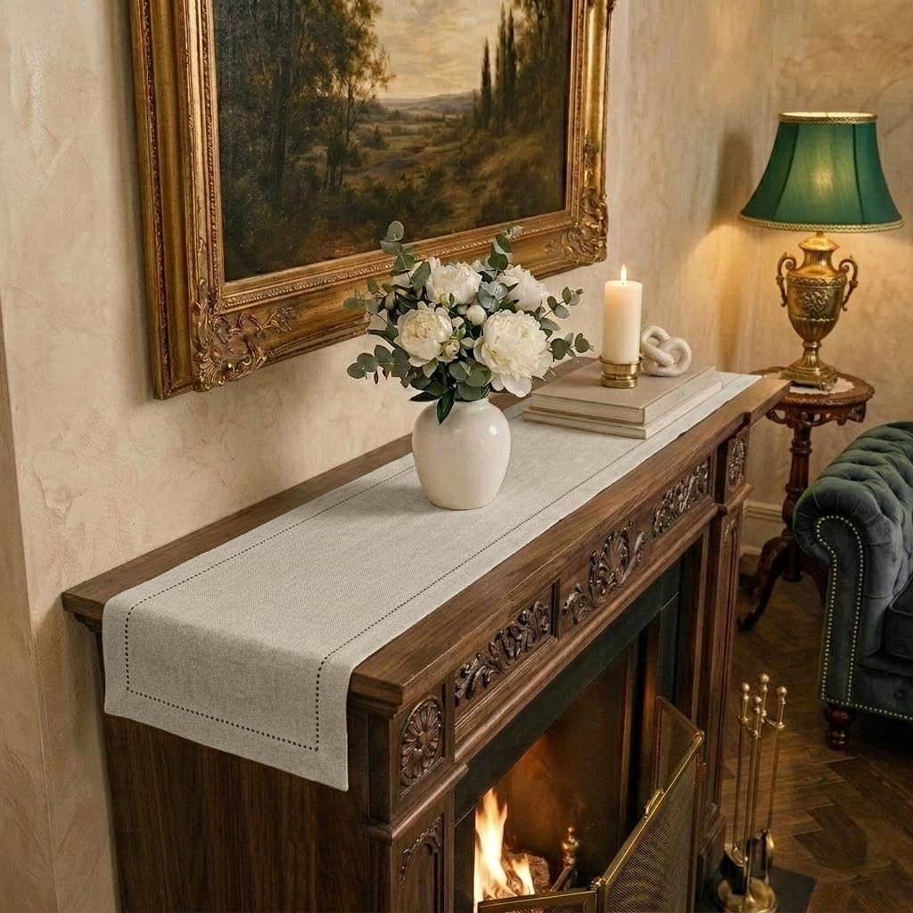 Signature Linen™ by D'Moksha White Table Runner 84 Inches Long, 100% Pure Linen, Hemstitch, 14 x 84 Inch Table Runner for Dresser, Dining- Summer, Father's & Independence Day