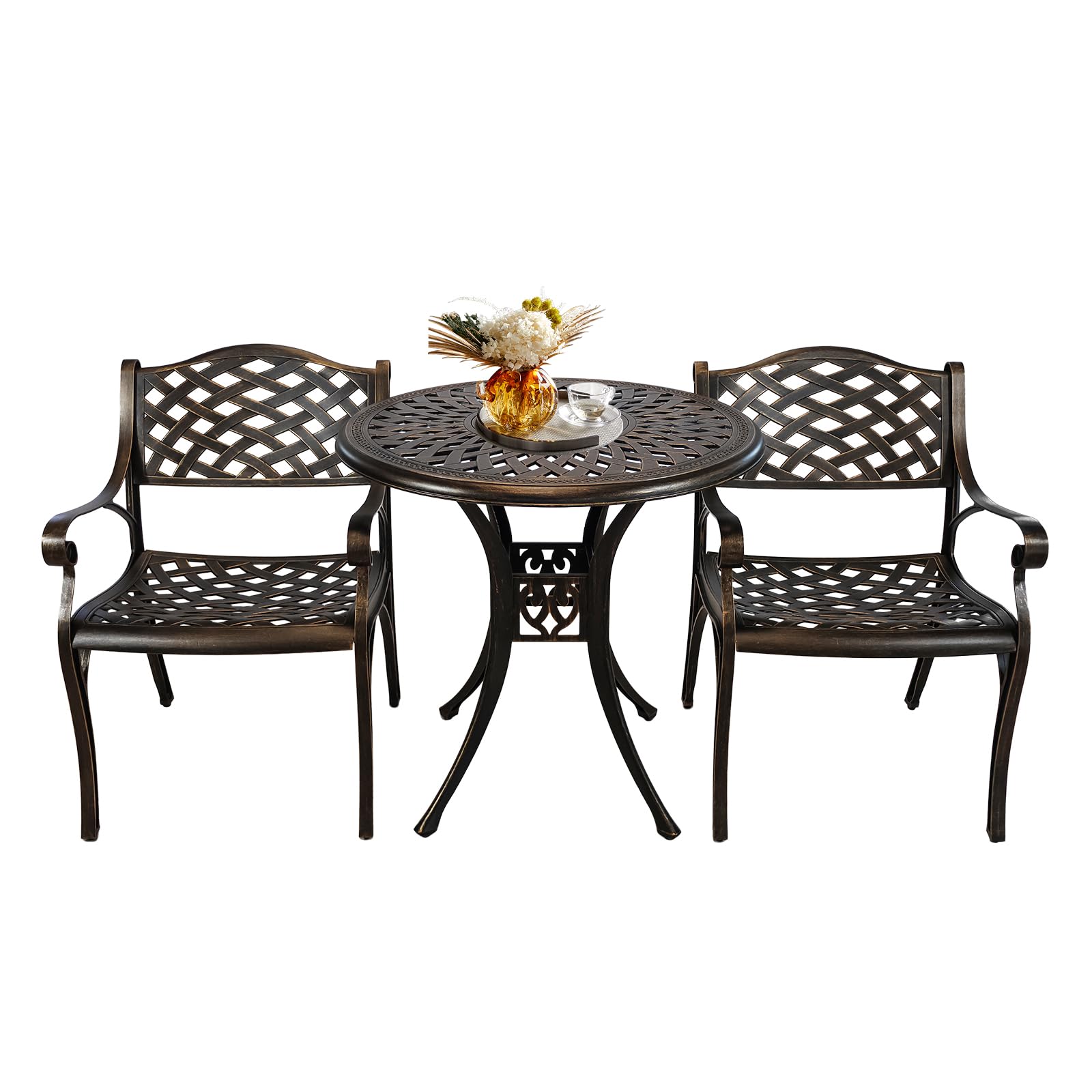 Outdoor Bistro Table and Chairs Set of 2, White Metal Patio Bistro Set, Cast Aluminum Bistro Set 3 Piece Outdoor with Umbrella Hole, 3 Piece Outdoor Bistro Set for Balcony Garden Porch